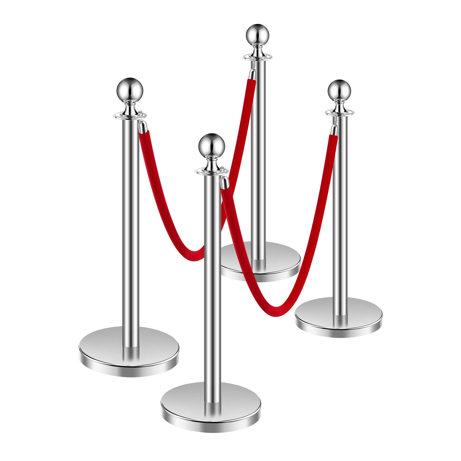 Absperrpfosten, 4 Stück Mit 2 Roten Samtseilen, Silberfarbener Edelstahl, 1,5 M, Hohler, Mit Sand Beschwerter Sockel, Für Theater, Partys, Hochzeiten, Ausstellungen