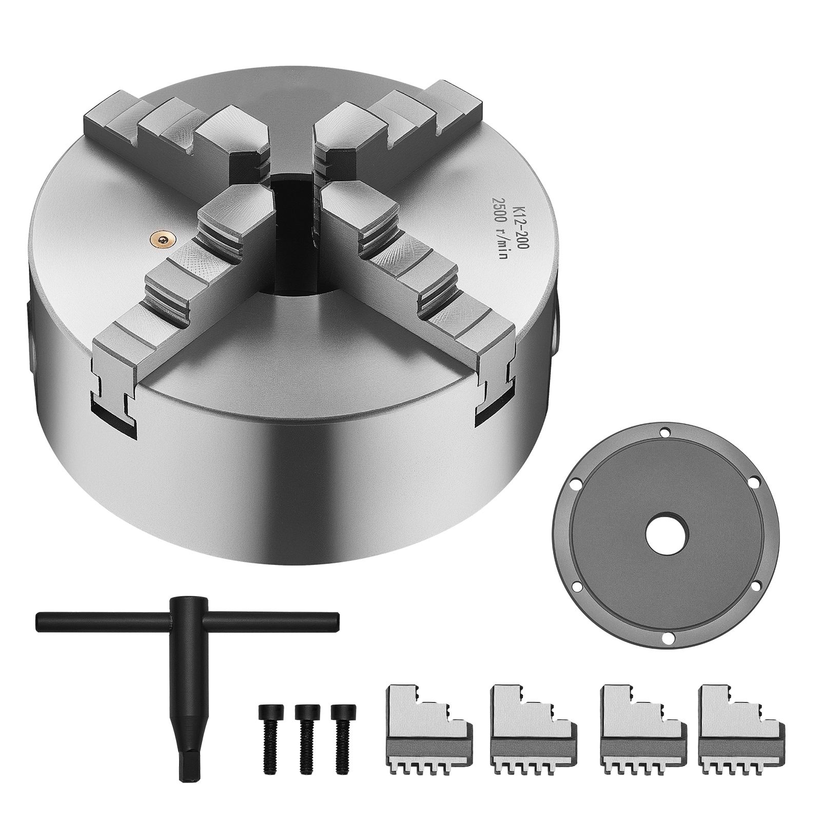 Selbstzentrierendes 4-backen-spannfutter, 200 Mm, Mit 1 1/2 Zoll-8 Gewindeadapterplatte, Spannbereich 4-200 Mm, Inklusive T-schlüssel, Werkstoff Ht300, Für Holz- Und Metalldrehmaschinen.