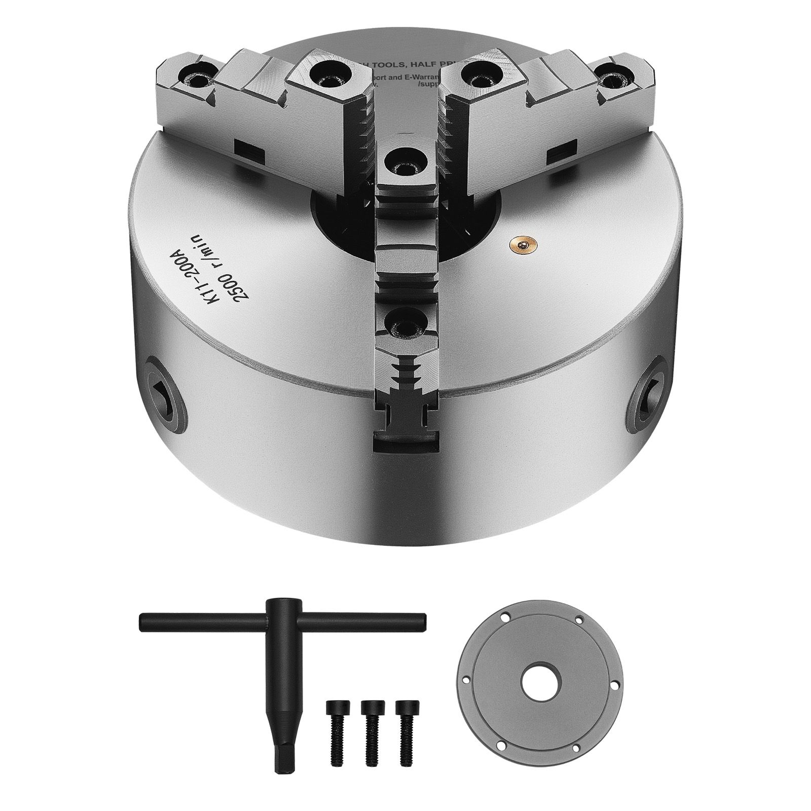 Selbstzentrierendes 3-backen-spannfutter, 200 Mm (8 Zoll), Mit 2 1/4" X 8 Gewindeadapterplatte, Spannbereich 4-200 Mm, T-schraube, Werkstoff Ht300, Für Holz- Und Metalldrehmaschinen.