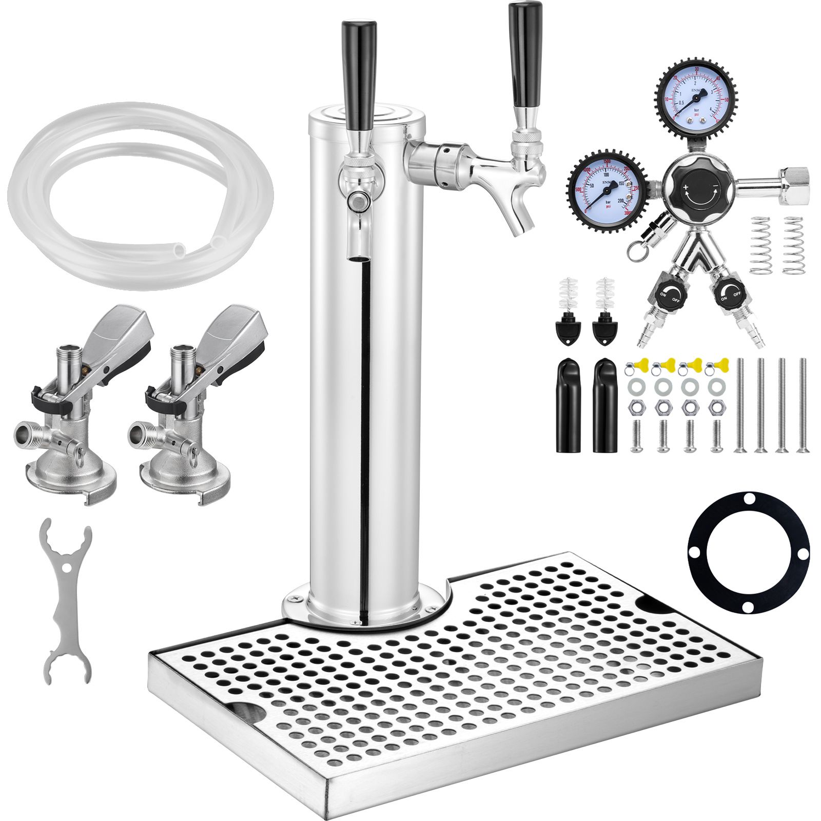 Bierzapfanlage Aus Edelstahl Mit Zwei Zapfköpfen, Umrüstsatz Für Fässer Mit Doppeldruckregler W21.8, Kupplung Typ A, Abtropfschale Für Partys Und Den Heimgebrauch.