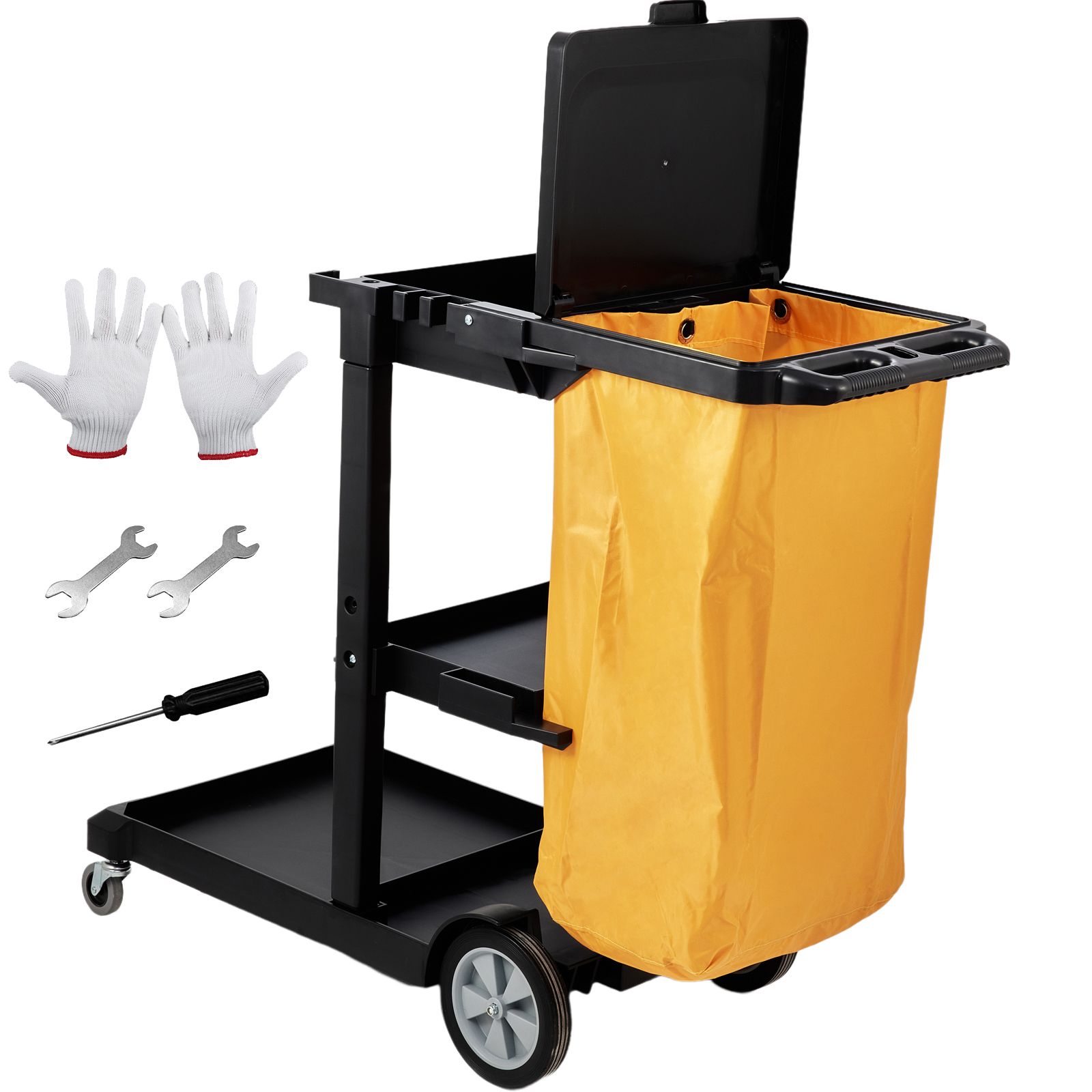 Reinigungswagen Mit 3 Ablagen, Tragkraft 200 Lb, Mit 25-gallonen-pvc-sack Und Abdeckung, 120 X 51 X 98 Cm, Gelb Und Schwarz.