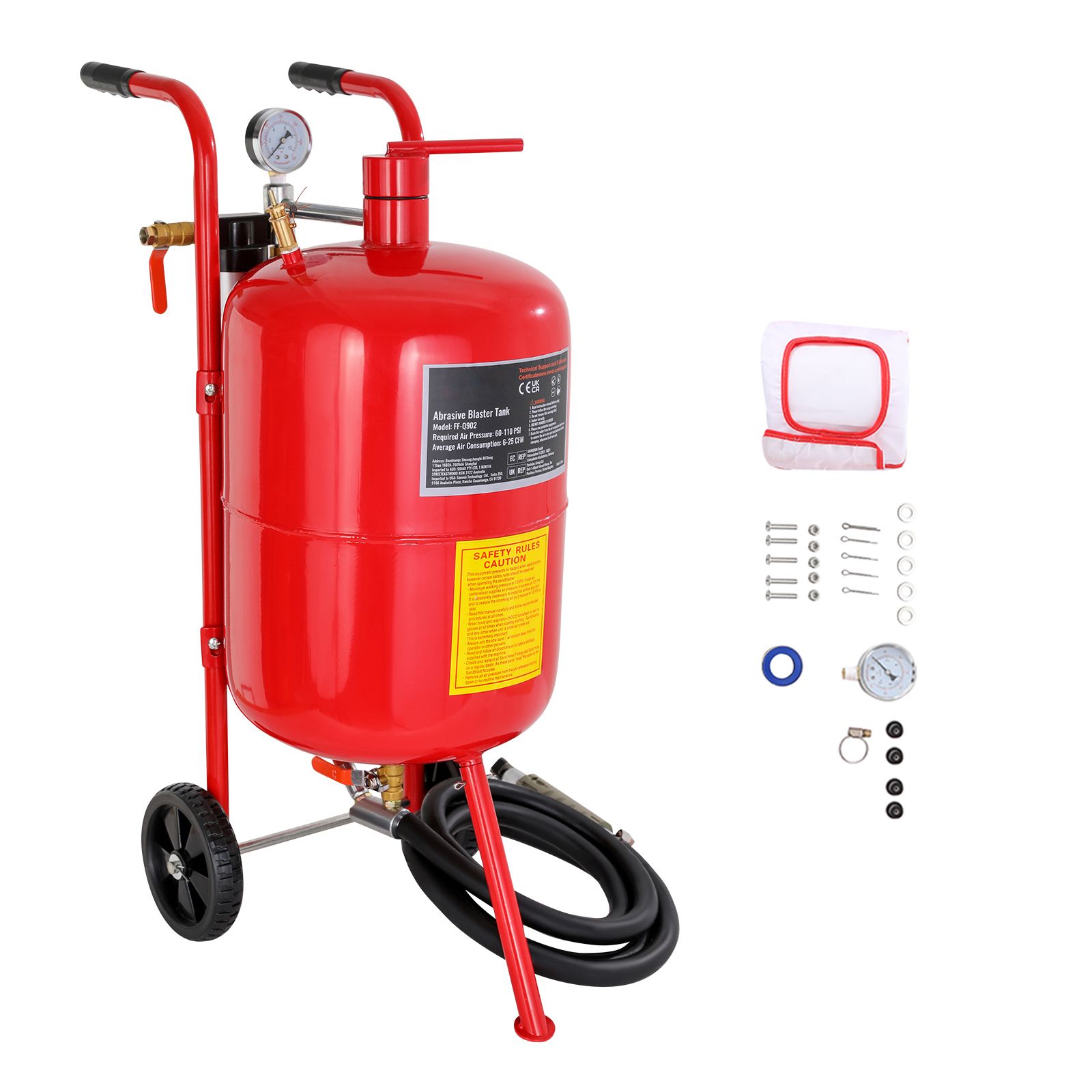 Tragbare 40-liter-sandstrahlanlage Mit Keramikdüse, Absperrventil, Manometer, 2,5 M Schlauch, Trichter, Wasserabscheider Und 6-zoll-gummirädern Zum Kugelstrahlen.