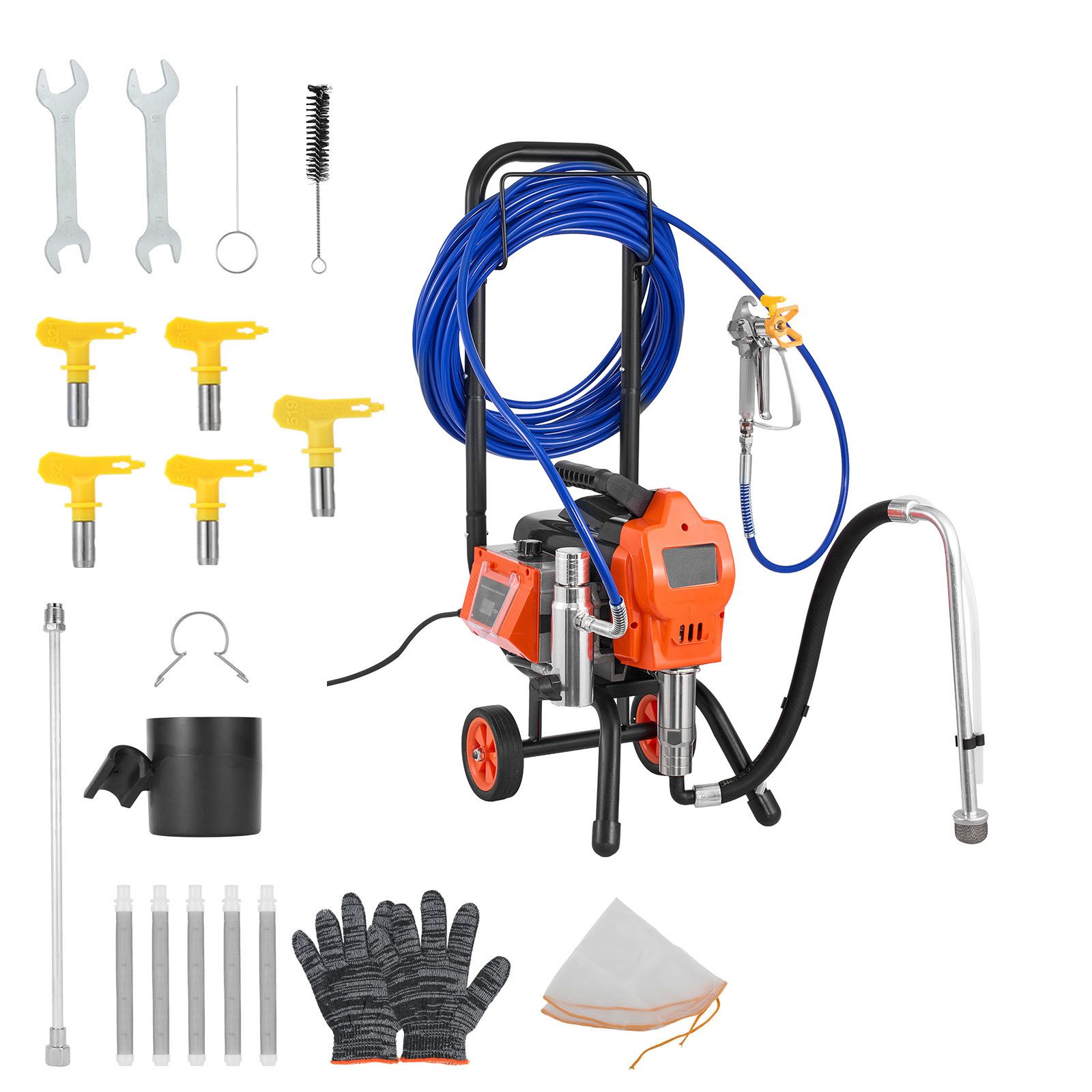 1500w, 3300 Psi Airless-farbpistole Mit Wagen, Reinigungsbürste, Schlauch, Verlängerung Und Düsen – Ideal Für Große Baustellen Und Wohnungen.