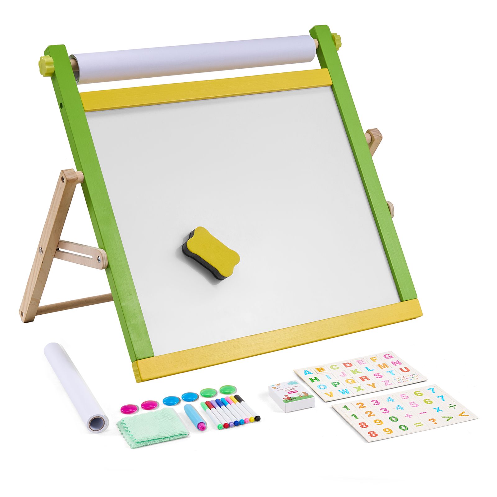 3-in-1-kunsttischstaffelei Aus Holz Für Kinder, Doppelseitig Mit Magnettafel, Schieferplatte, Papierrolle, Faltbar Und Tragbar, Inklusive Malzubehör.