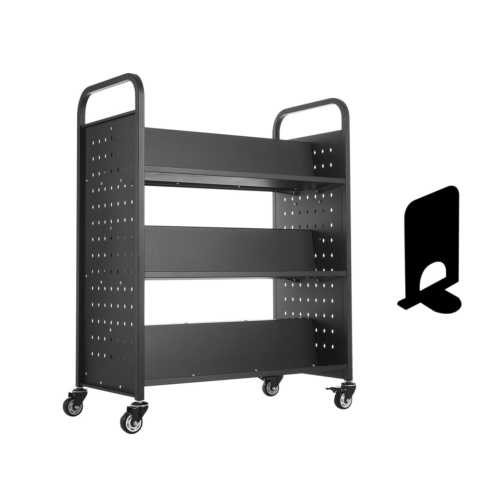 Rollbarer Bibliothekswagen, Tragkraft 150 Kg, 97 X 51,5 X 122,5 Cm, Doppelseitige W-förmige Regalböden, 76,2 Mm Feststellbare Rollen, Schwarz