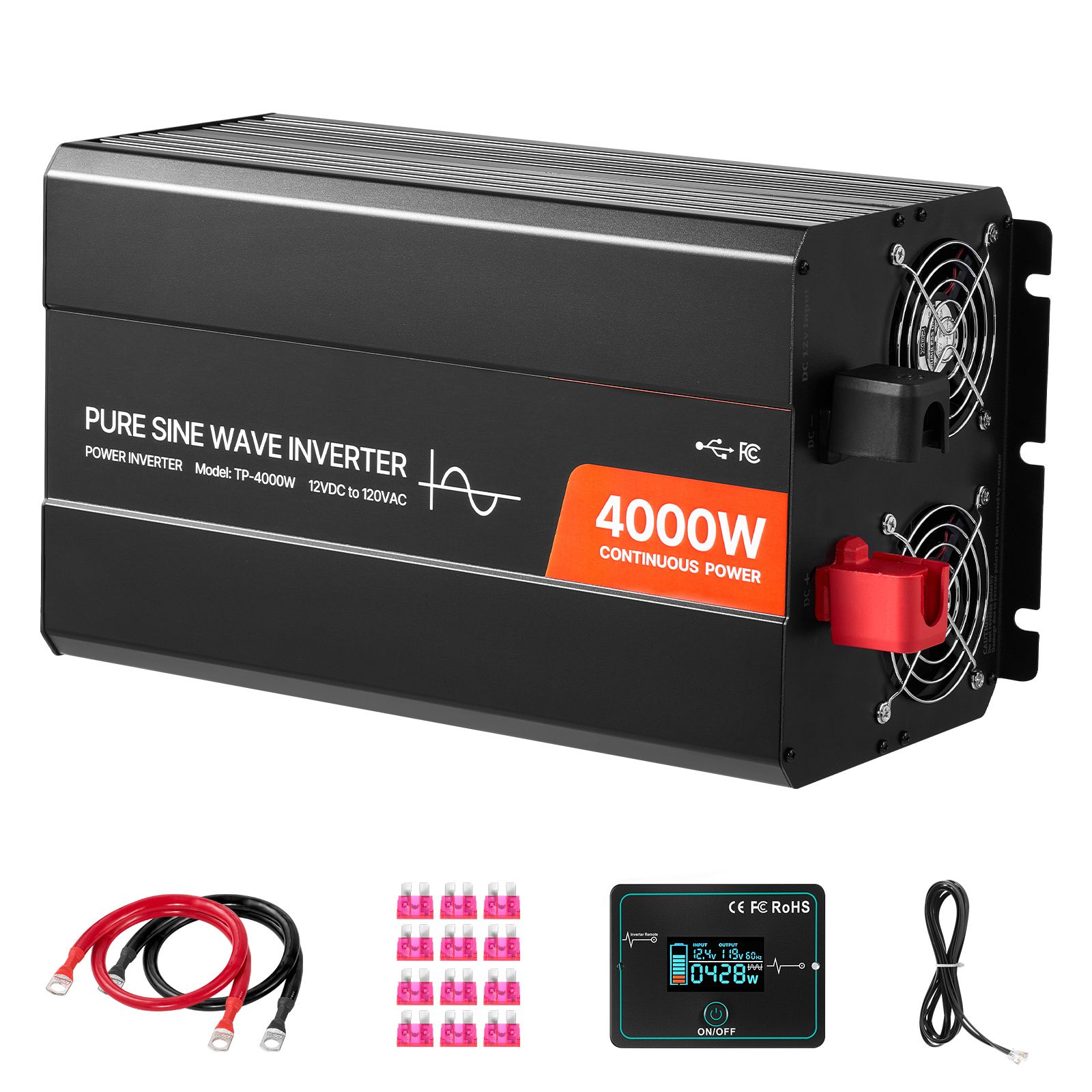 4000w Sinus-wechselrichter, 12v Auf 230v, Mit Lcd-bildschirm, Fernbedienung, 2 Usb-anschlüssen, 2 Ac-steckdosen Und Typ-c-anschluss, Für Wohnmobile Und Lkws.