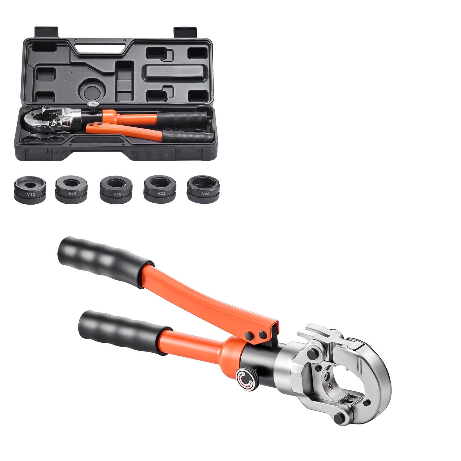 Hydraulisches Crimpwerkzeug Für Rohre Aus Edelstahl Mit Backen Der Größen V12, V15, V18, V22 Und V28 Sowie Einem Transportkoffer Für Reparaturen Und Installationen Im Sanitärbereich.