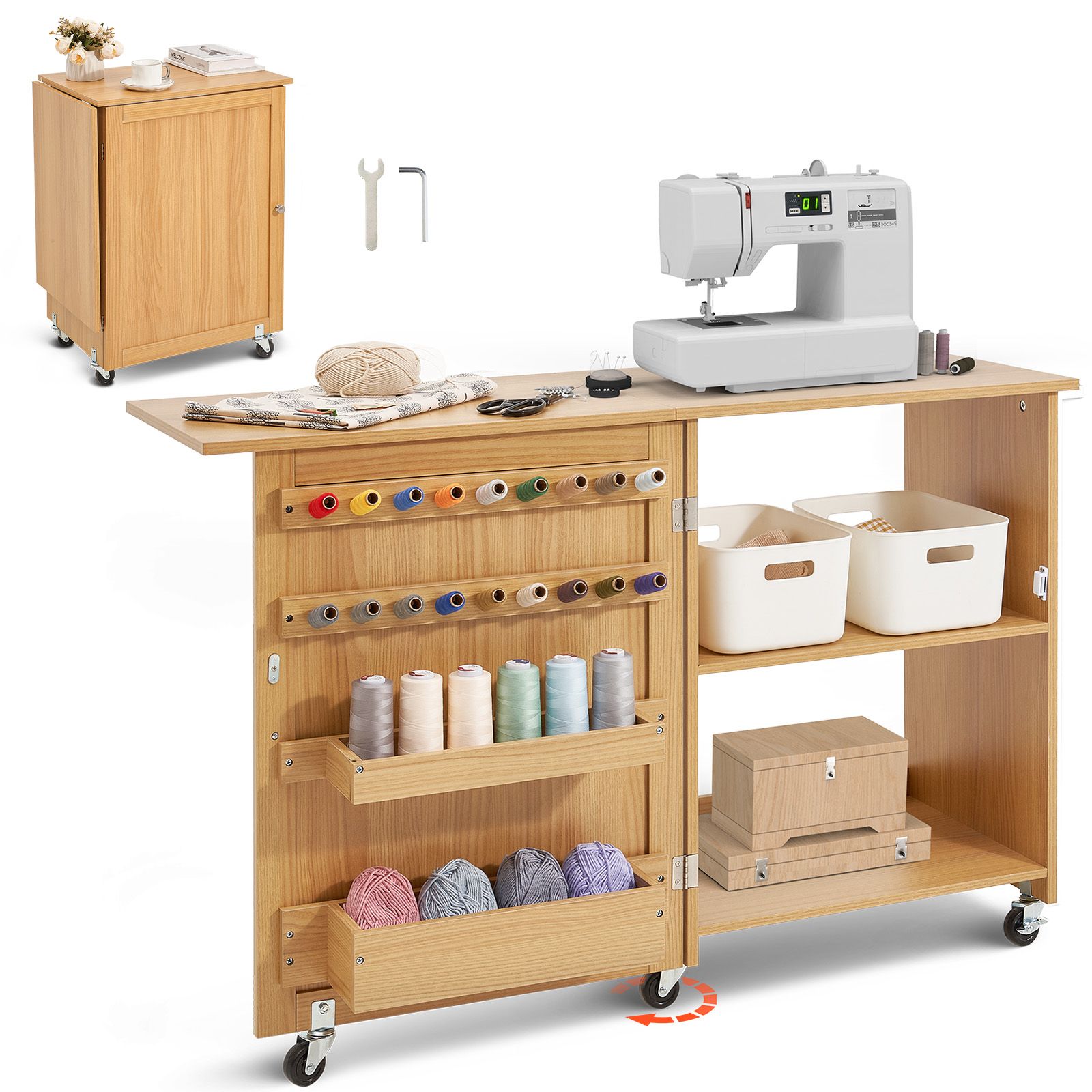 Klappbarer Nähtisch, Multifunktionale Aufbewahrung Mit Rollen, Regalen Und Ablagen, Magnettüren, Kompaktes Design, Naturholz.