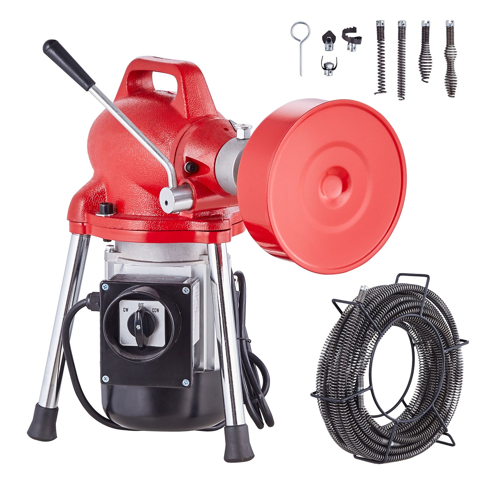 Elektrischer Abflussreiniger 66 Fuß X 5/8 Zoll, 250 W, Mit Stahlseilen (66 Fuß X 5/8 Zoll Und 15 Fuß X 3/8 Zoll), 7 Klingen, Im Uhrzeigersinn/gegen Den Uhrzeigersinn, Für Rohre Von 1,6 Zoll Bis 4 Zoll