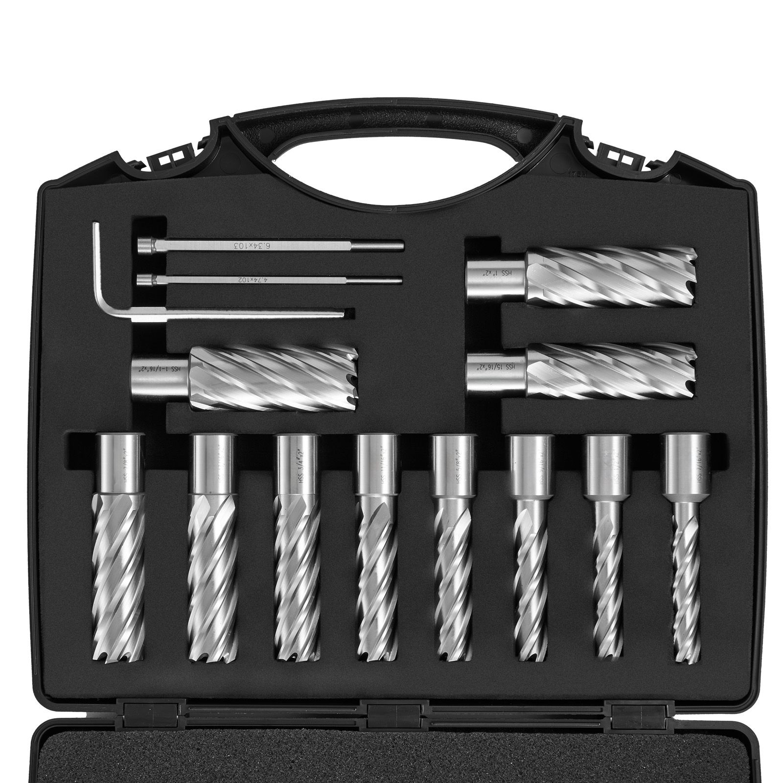 13-teiliger Ringfräsersatz, Weldon-schaft, 5,1 Cm Tiefe, 1,1-2,7 Cm Durchmesser, Hss M2al, Mit 2 Zentrierspitzen, Innensechskantschlüssel Und Koffer, Für Magnetbohrmaschine.