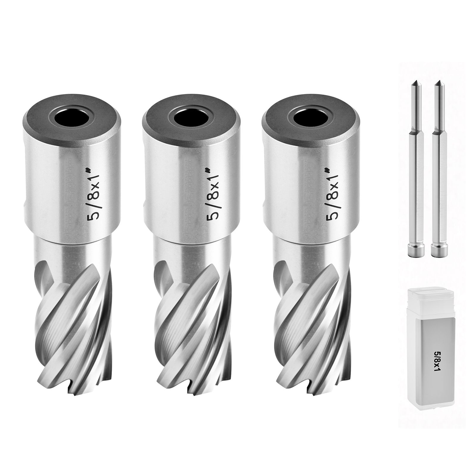 Satz Von Ringfräsern, 5-teilig, Weldon-schaft, Schnitttiefe 25,4 Mm, Durchmesser 15,87 Mm, Hss, Mit 2 Führungsstiften Und 3 Kunststoffgehäusen, Für Magnetbohrmaschinen, Stahl.