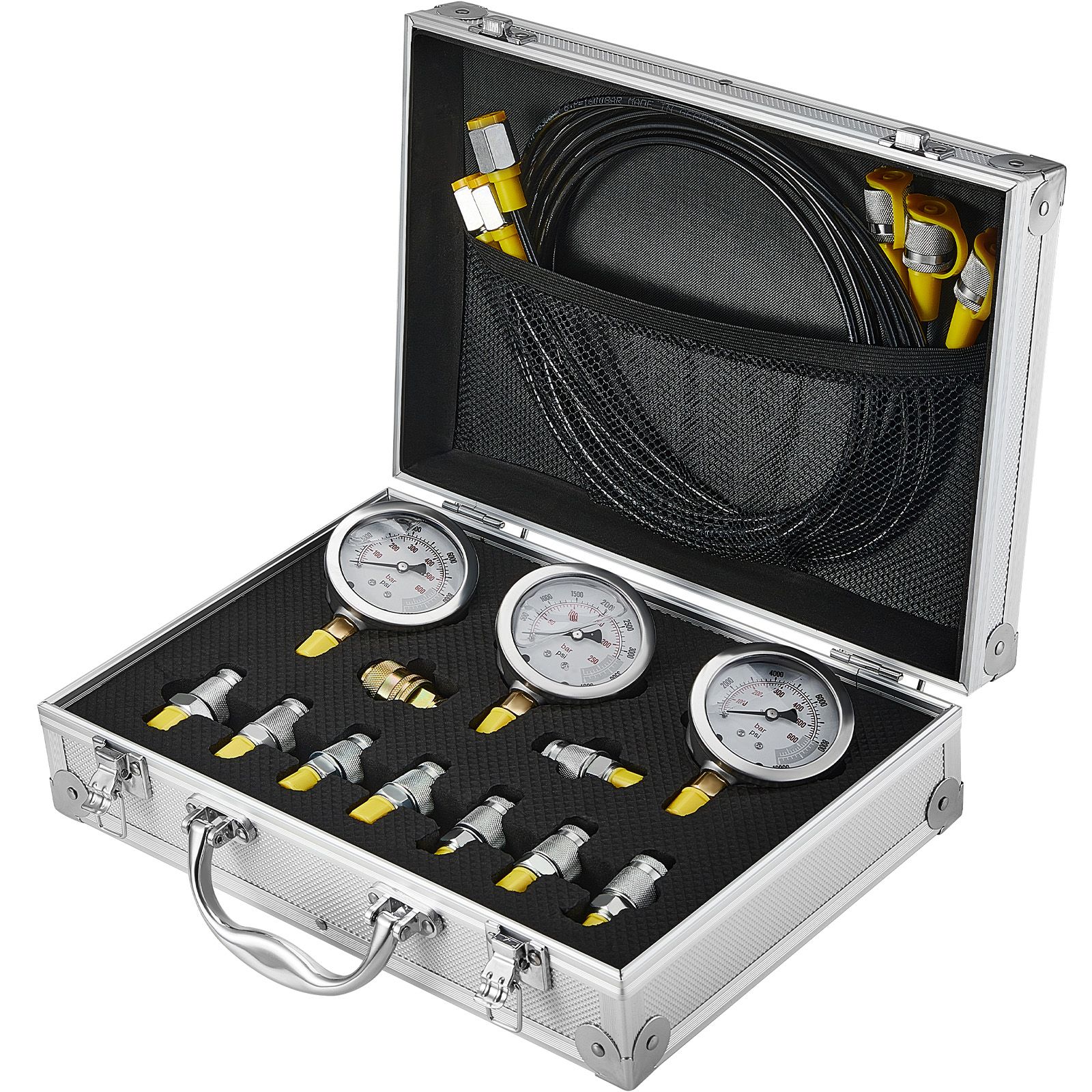 Hydraulik-druckprüfset, 250/400/600 Bar, 3 Manometer, 9 Anschlüsse, 3 Schläuche, Tragbarer Koffer Für Bagger Und Traktoren.