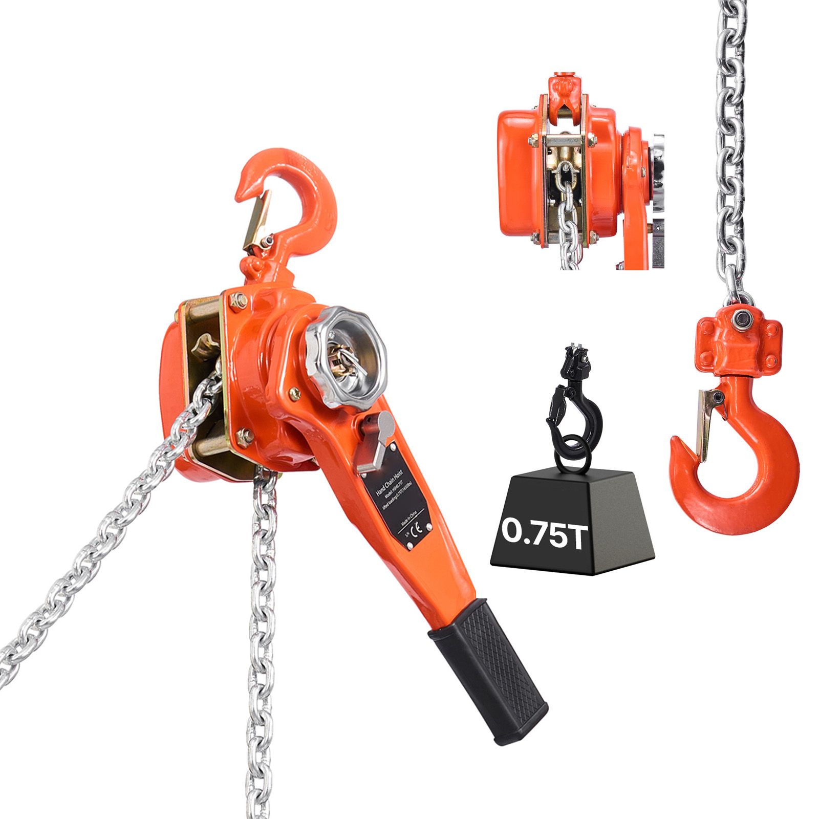 Manueller Hebelzug, Tragfähigkeit 750 Kg, Hubhöhe 6 M, Kette Aus Legiertem Stahl G80, Mechanische Doppelratschenbremse, Um 360° Drehbare Haken Für Lagerhallen Und Baustellen.