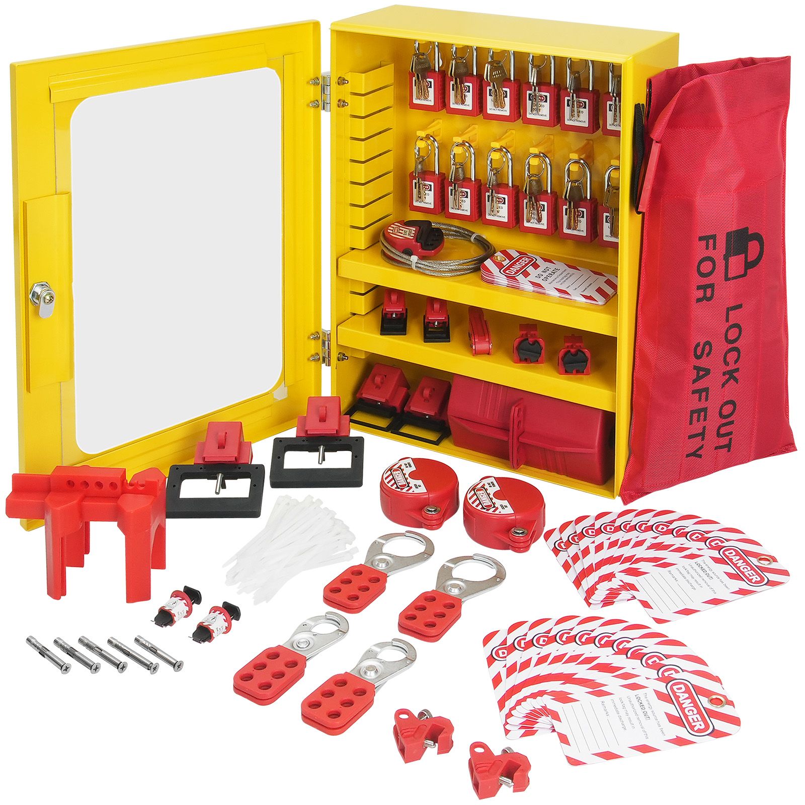 59-teiliges Elektrosicherungsset, Sicherheitsstation Mit Vorhängeschloss, Etiketten, Riegeln, Steckdosensicherungen, Leitungsschutzschaltern, Ventilen, Kabel, Tasche Und Koffer