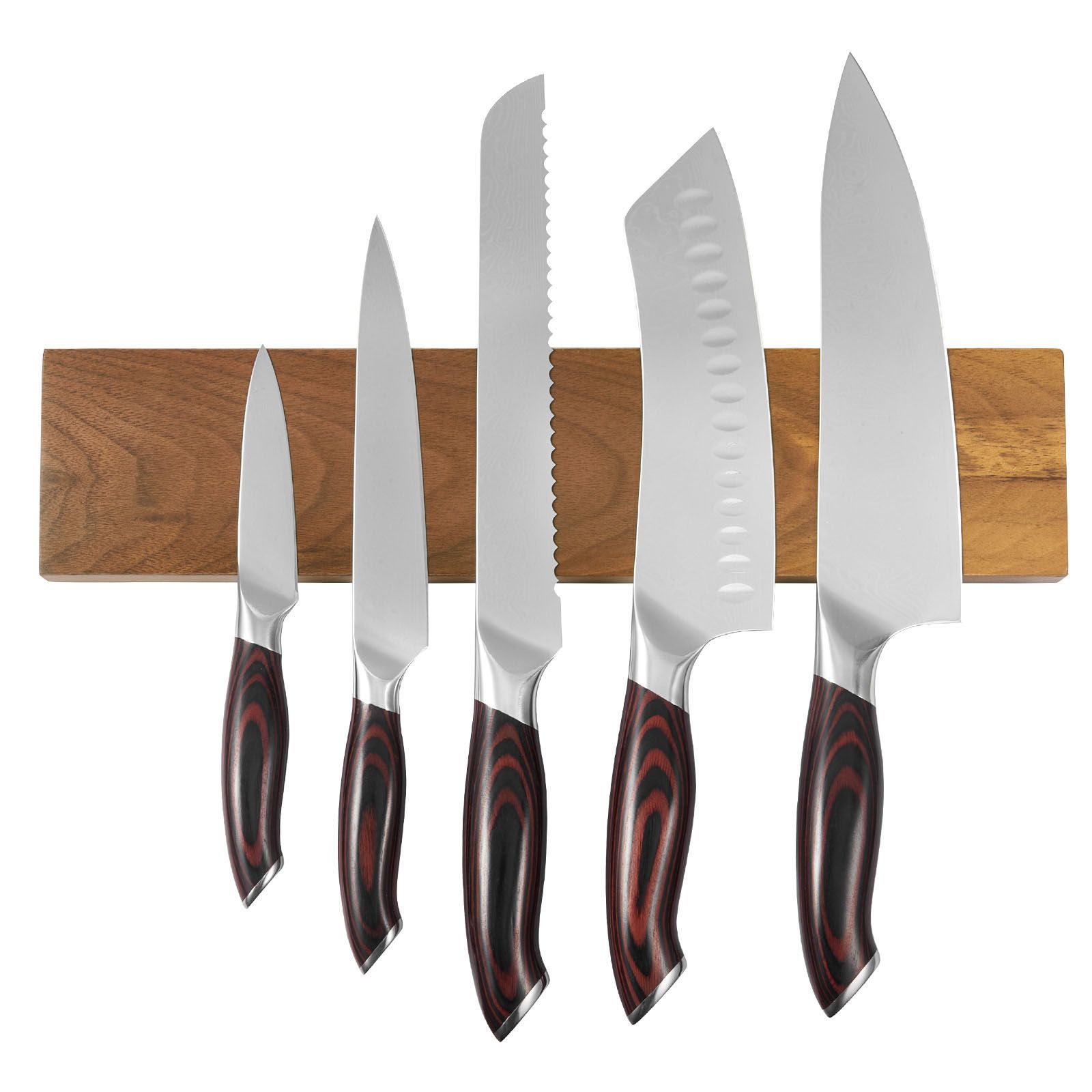 Küchenmesserset, 6-teilig, Aus Hochkohlenstoffhaltigem Edelstahl, Ergonomischer, Bruchfester Griff, Magnetischer Ständer Mit Walnuss-finish.
