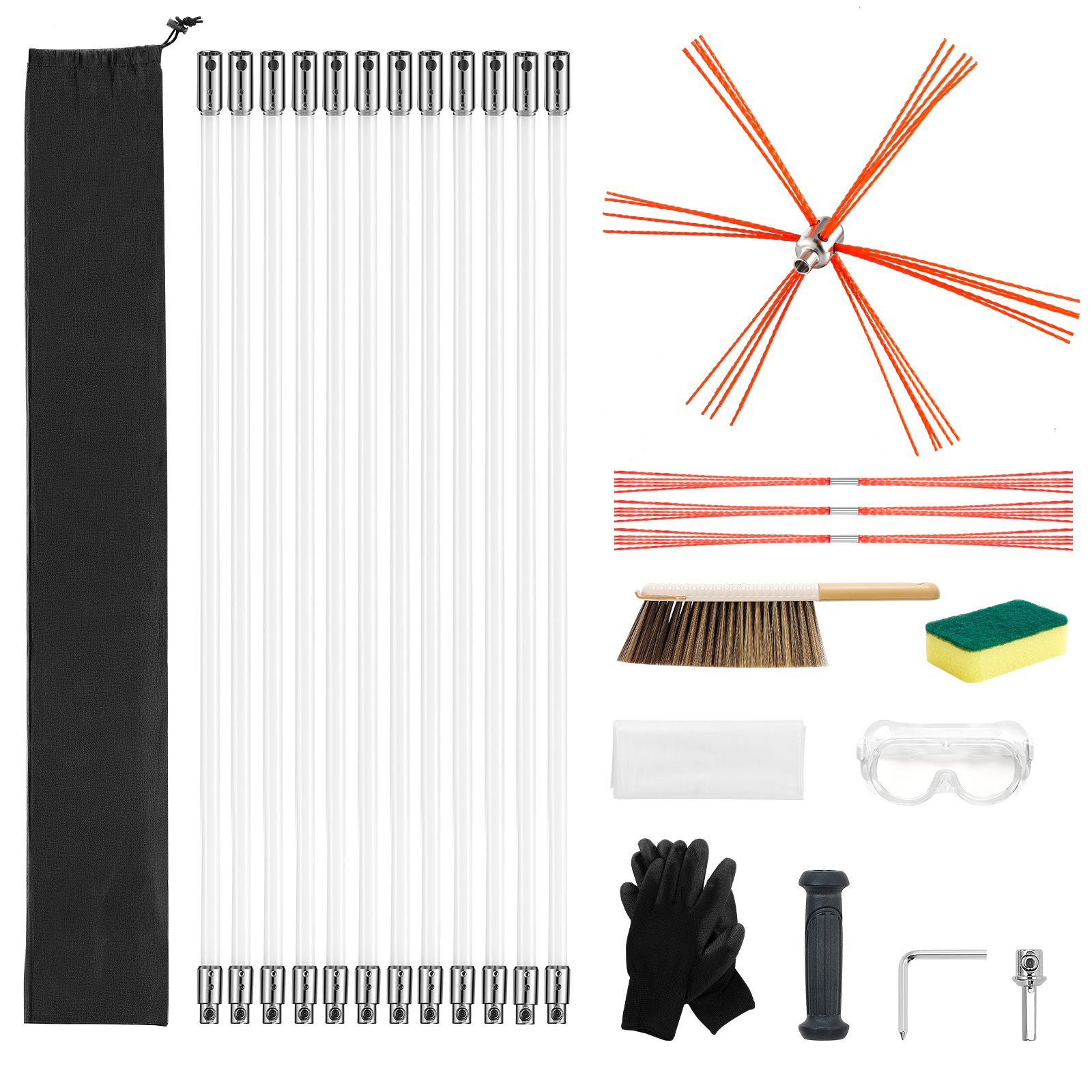 12 M Ausziehbares Kaminreinigungsset, Komplettes Set Mit Ersatzbürsten Und Schutzbrille, 90°-winkelstück Für Quadratische Und Rechteckige Kamine.