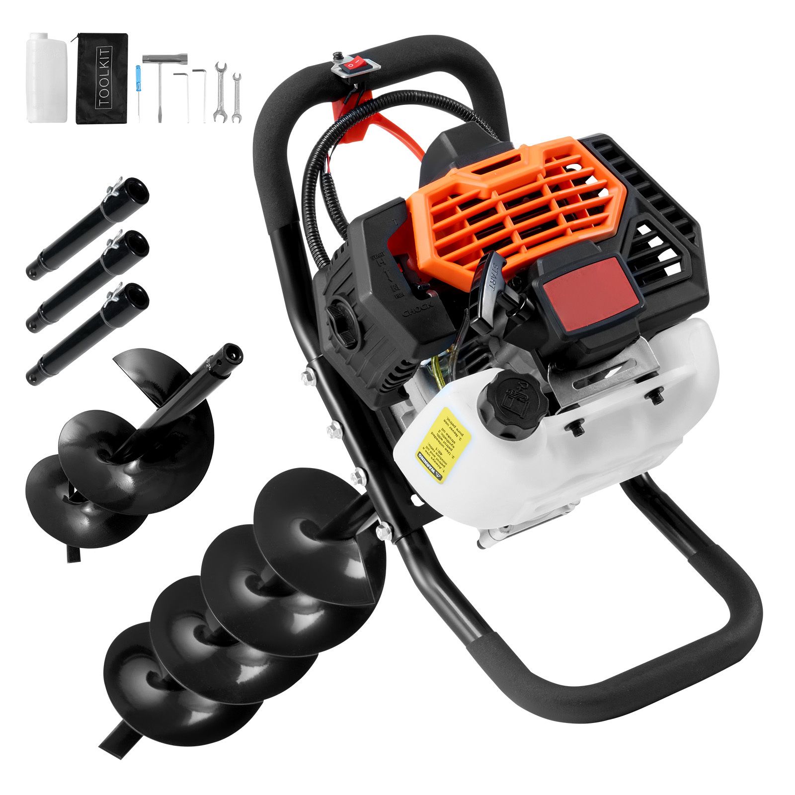 52cc 1450w Benzin-bodenbohrer, Erdbohrer Mit 6" Und 10" Bohrer Und Verlängerungen, Für Pfostenlöcher, Zäune, Garten- Und Landwirtschaftsflächen, Orange Und Schwarz.