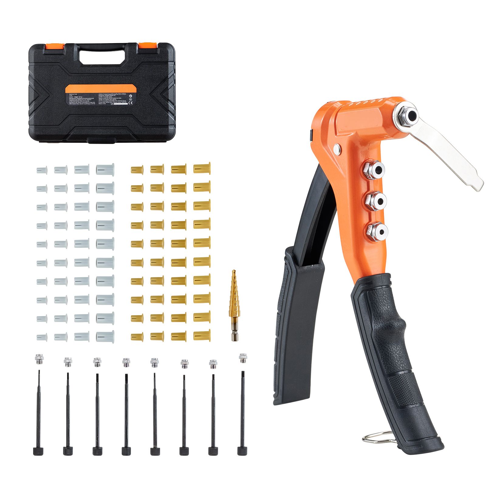 Nietmuttern-set, 230 Mm, Mit 8 Dornen, Stufenbohrer Und 80 Muttern, Metrische Und Sae-größen M3 Bis M6, 6-32 Bis 1/4-20, Inklusive Aufbewahrungskoffer.