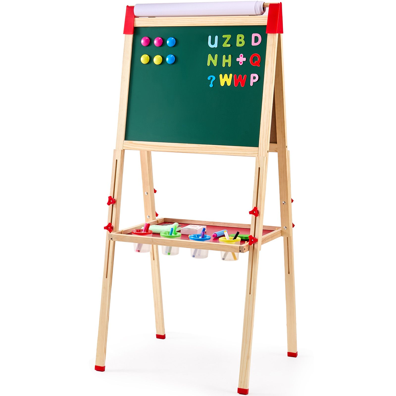 Kinderstaffelei, 3-in-1 Doppelseitige Holzstaffelei Mit Magnettafel, Kreidetafel Und Papierrolle, Höhenverstellbar Mit Malzubehör