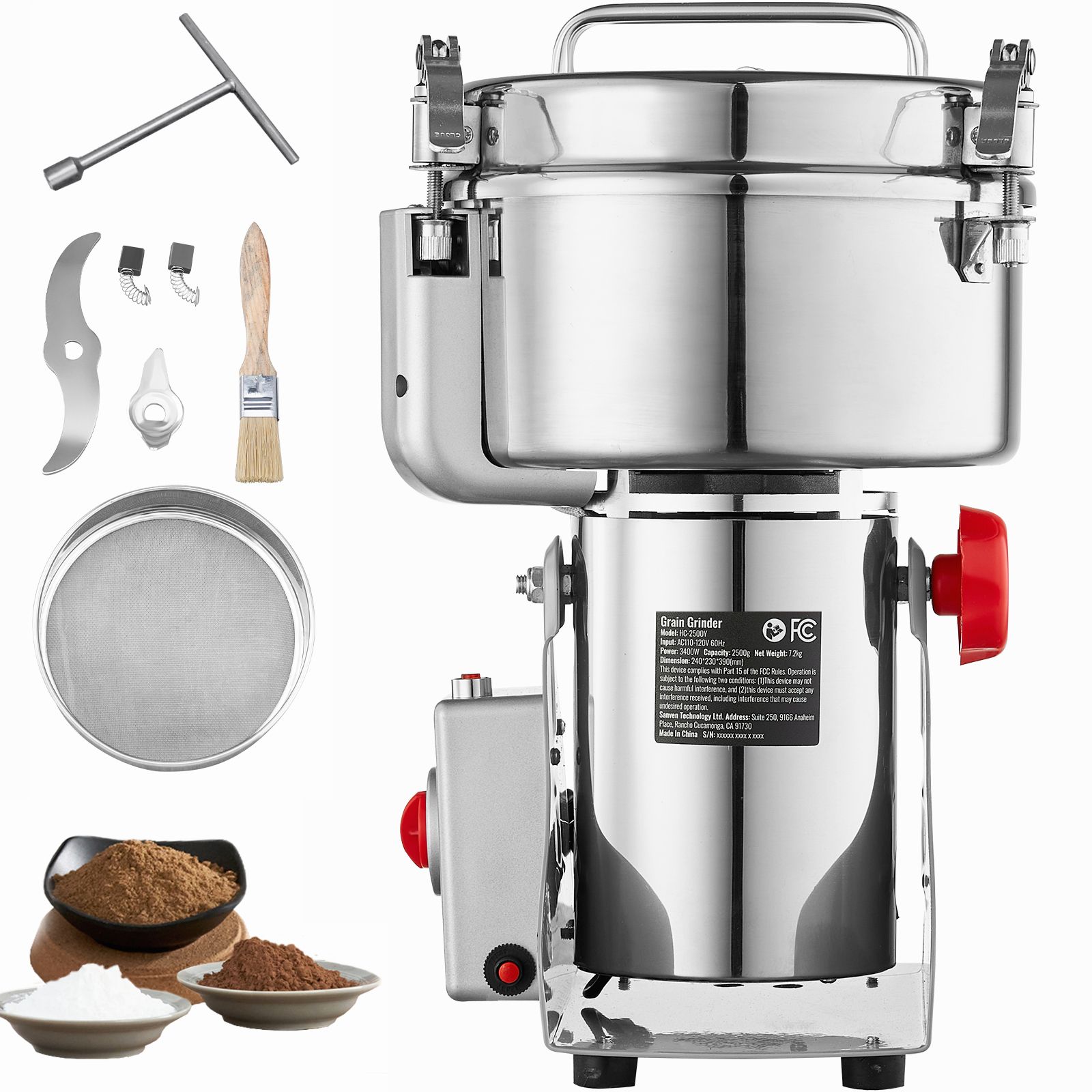 Elektrische Getreidemühle Mit 2500 G Fassungsvermögen, 3400 W Schnellmahlwerk, Edelstahl-pulverisierer, Ideal Für Gewürze, Getreide, Kaffee, Mais Und Pfeffer, Ausgewogene Ausführung.
