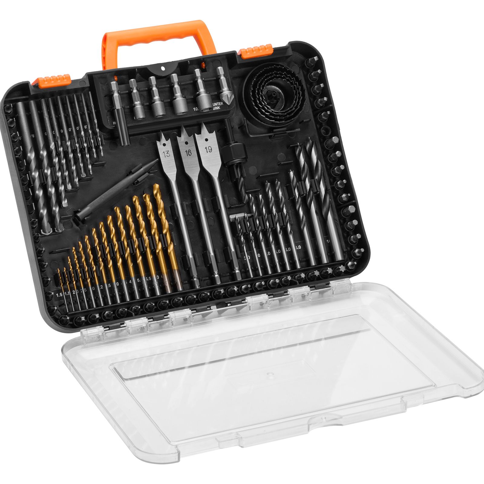 Set Mit 100 Bohrern Und Schraubendreherbits Für Holz, Metall Und Beton, Übersichtlich In Einem Koffer Aufbewahrt.