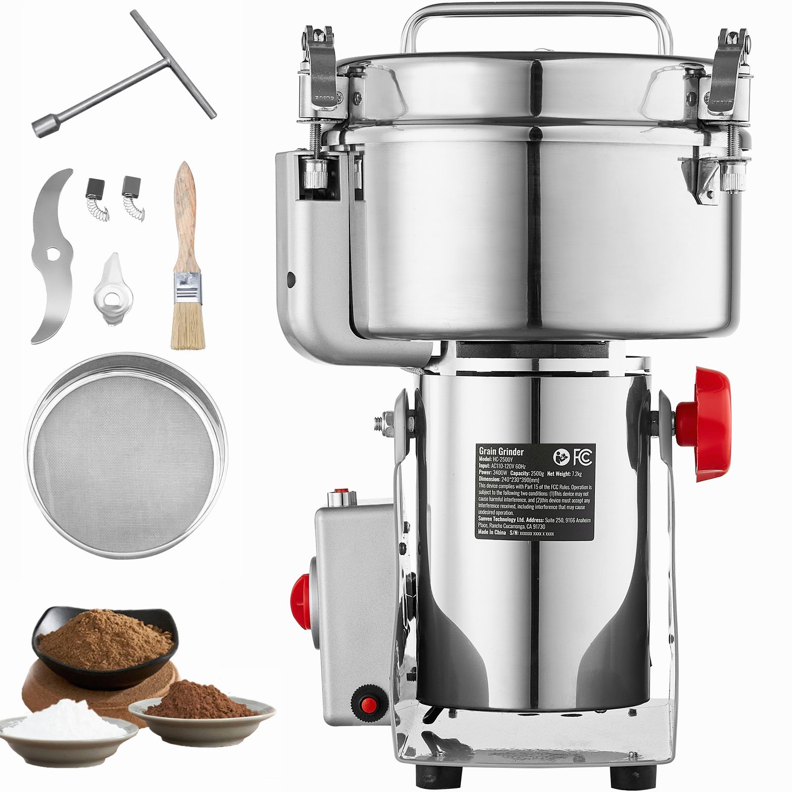 Elektrische Getreidemühle 2000 G, 3400 W Industrielle Edelstahlmühle, Pulverisierer Für Getreide, Gewürze, Kaffee, Mais, Pfeffer, Ausgewogene Ausführung.