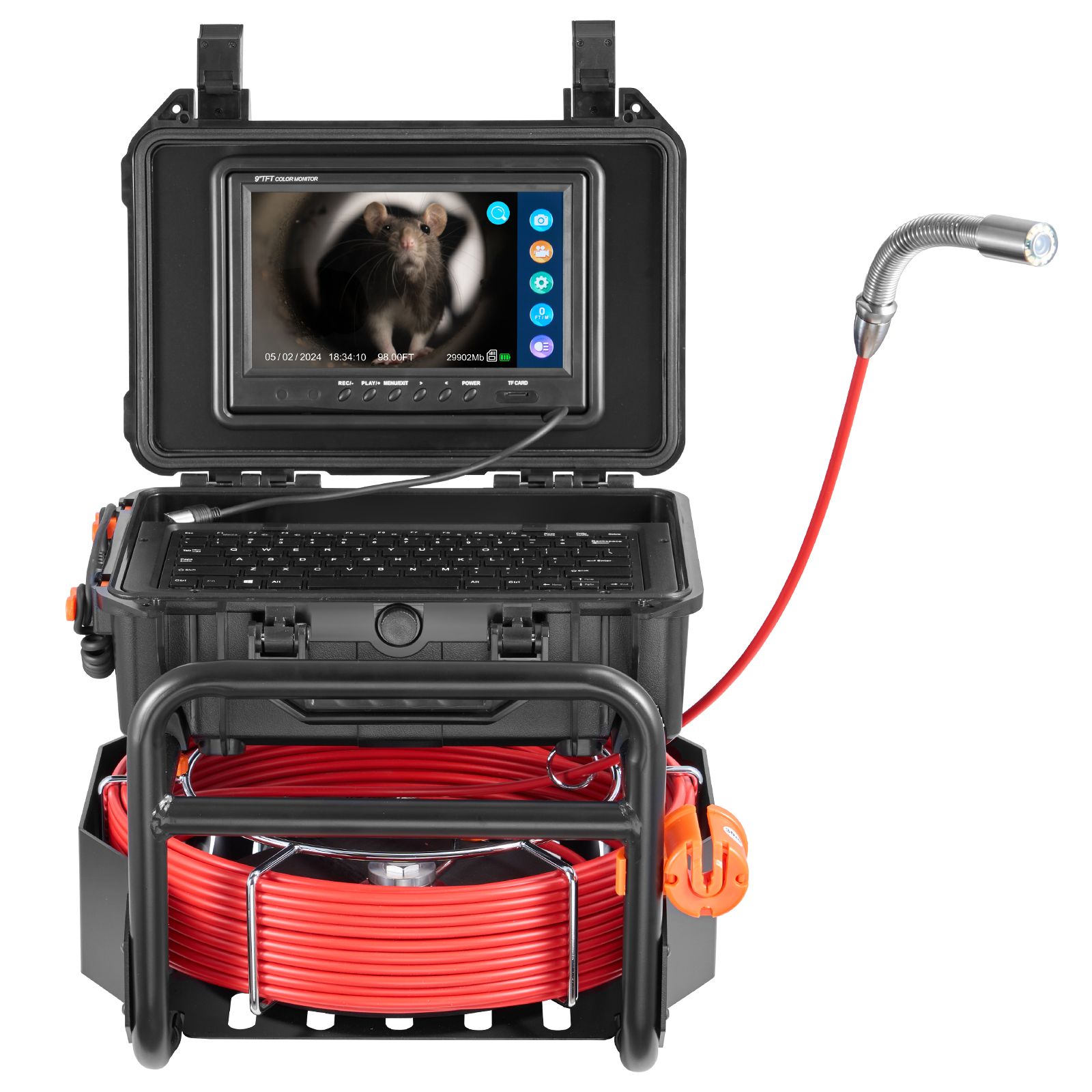 30-m-rohrinspektionskamera, 9-zoll-1080p-hd-bildschirm, Selbstnivellierung Mit 512-hz-sender, Distanzzähler, 12 Leds Und 32-gb-karte.