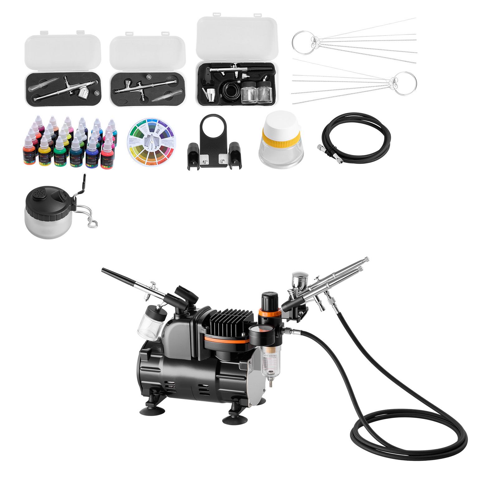 1/6 Ps Airbrush-set Mit Leisem Kompressor, 3 Profi-doppelwirkungs-airbrushes, 3 Düsen, Schlauch, Acrylfarbe, Pinsel, Für Tortendekoration, Modellbau Und Nagelkunst