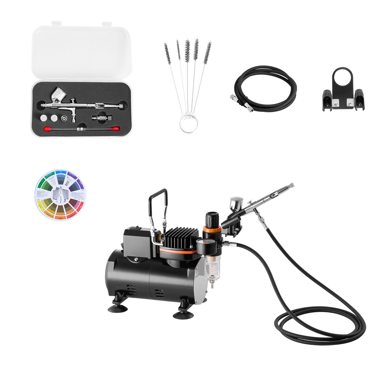 1/6 Ps Airbrush-set Mit Kompressor, Dual Action Pro, 3 Düsen, Schlauch, Stativ, Reinigungsset Und Schalldämpfer, Für Tortendekoration, Modellbau Und Nagelkunst