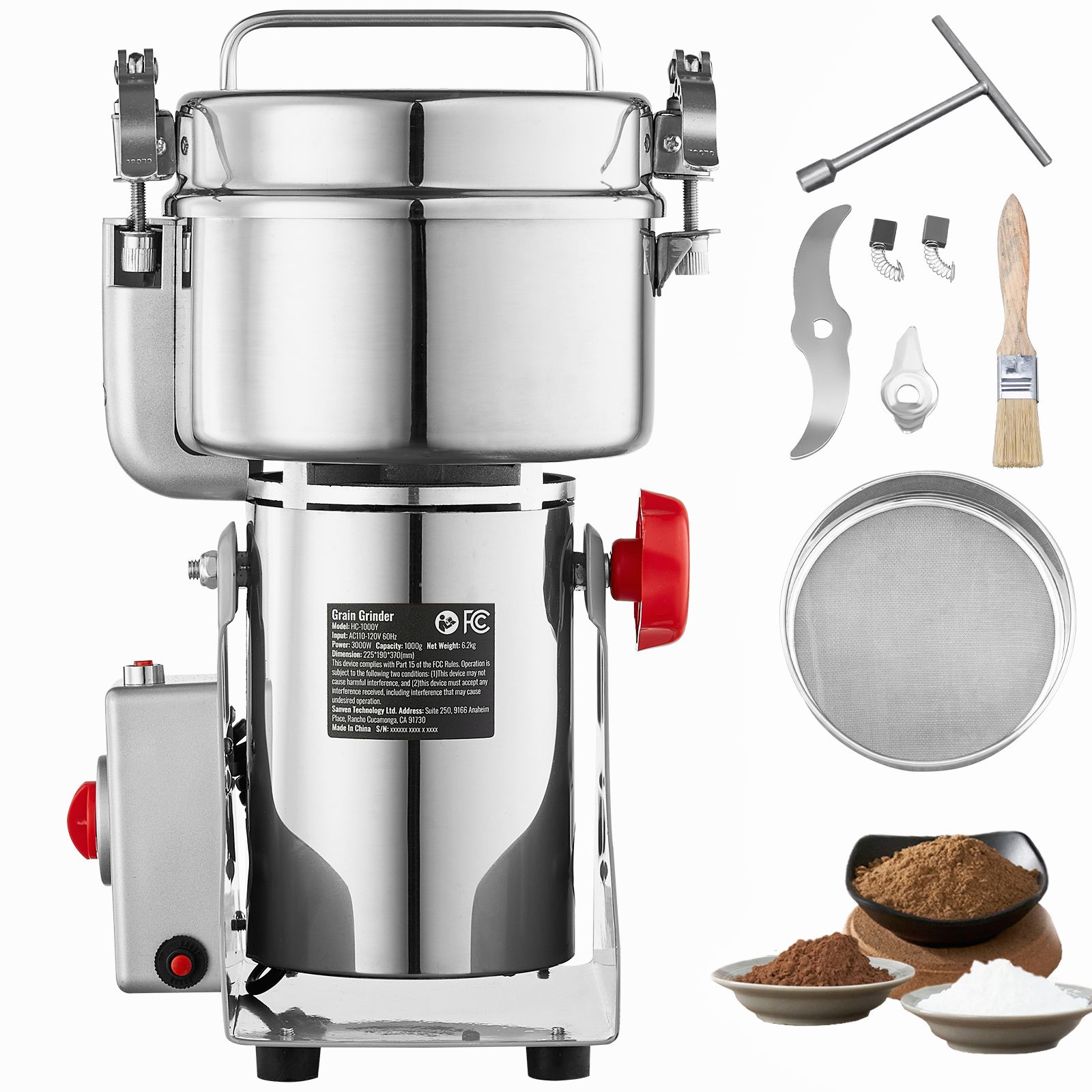 Elektrische Getreidemühle (1000 G), 3000-w-gewürzmühle, Edelstahl-pulverisierer, Für Getreide, Kaffee, Mais, Pfeffer, Schwenkmechanismus