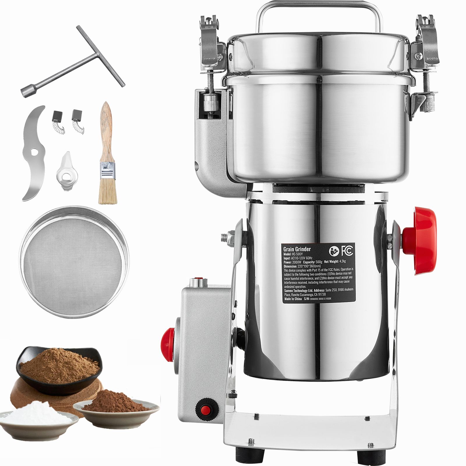 Elektrische Getreidemühle (500 G), Gewürzmühle (2000 W), Pulverisierer Aus Edelstahl Für Getreide, Kaffee, Mais, Pfeffer, Ausgewogene Ausführung.
