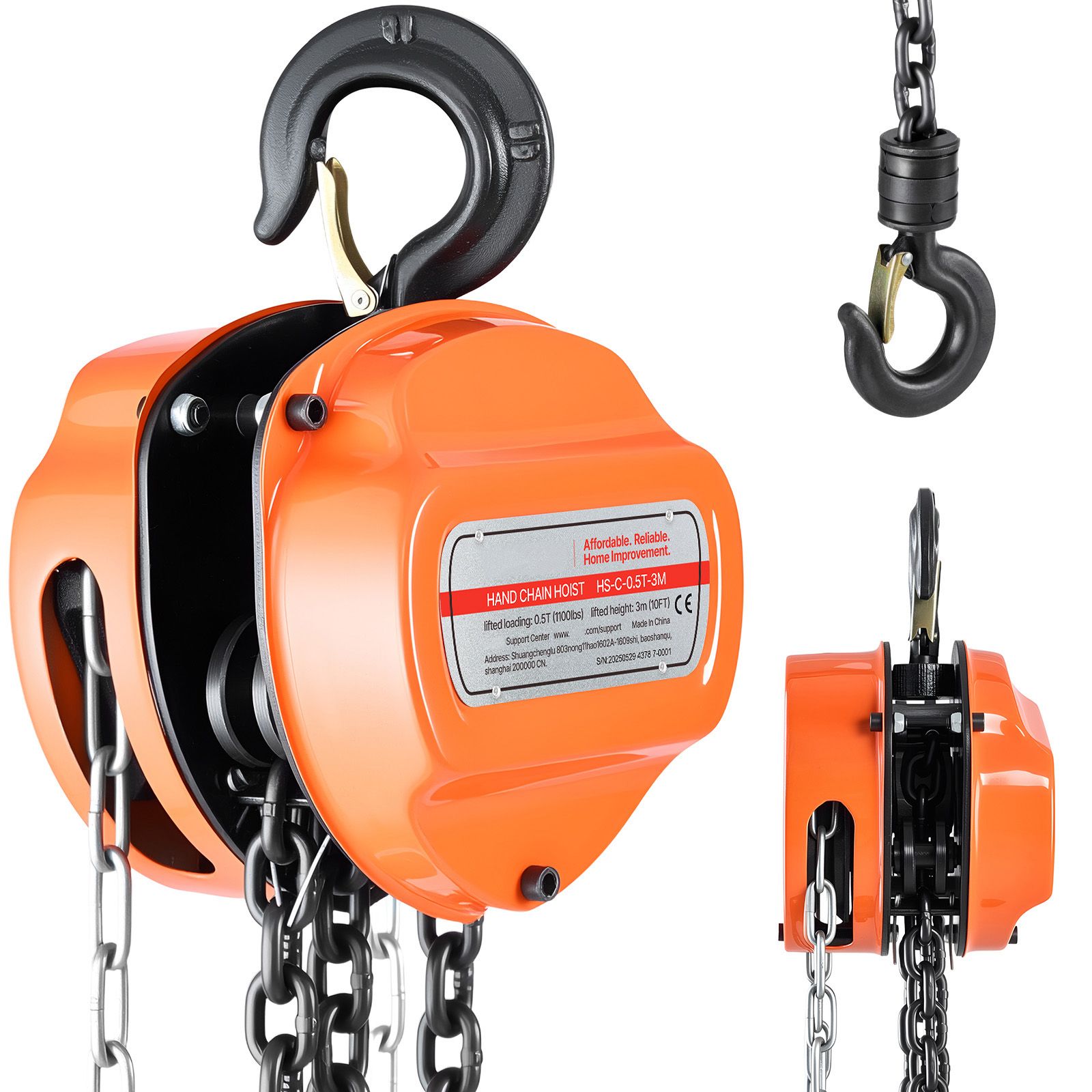 Handkettenzug 500 Kg, Hubhöhe 3 M, Verzinkte G80-kette, Robust Für Garage Und Werkstatt, Orange.
