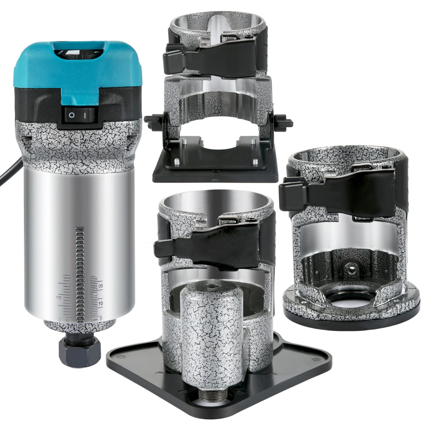 710-w-oberfräse, 3 Spannzangen, Für Holz, Mit Fester Basis, Tauch-, Neige- Und Versatzfunktion, Aluminiumgehäuse, Variable Drehzahl.