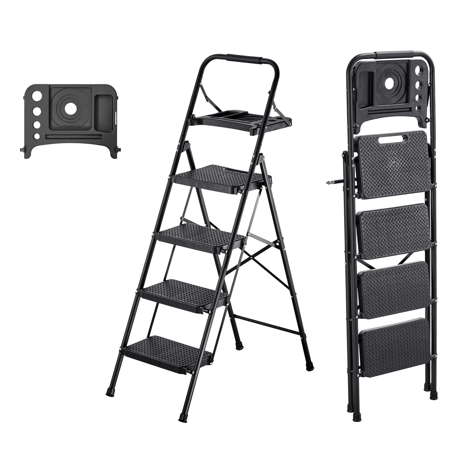 Klappbare 4-stufige Trittleiter, Breite Rutschfeste Stufe, Werkzeugablage, Ergonomischer Griff, Tragkraft 272 Kg, Tragbarer Stahl, Für Küche, Haushalt, Büro, Schwarz.