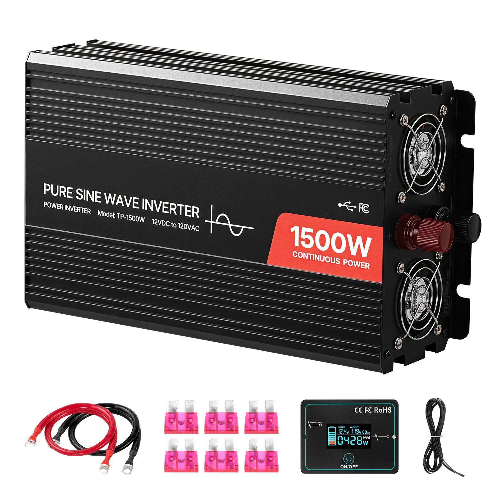 1500w Sinus-wechselrichter, 12v Auf 230v Ac, Mit Fernbedienung, Usb- Und Typ-c-anschlüssen, 2 Ac-steckdosen, Schnellladefunktion Für Wohnmobile Und Lkws.