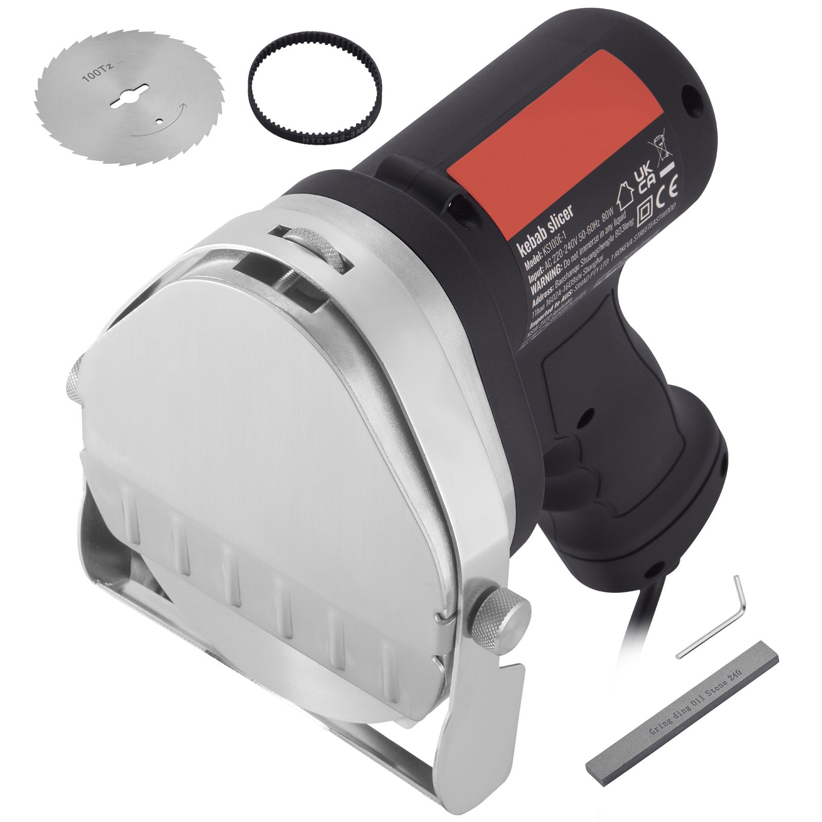 Elektrisches Shawarma-messer (80 W), Professioneller Türkischer Kebabschneider, 100 Mm Klinge Aus Edelstahl, Einstellbare Schnittstärke 0–8 Mm, 2 Klingen