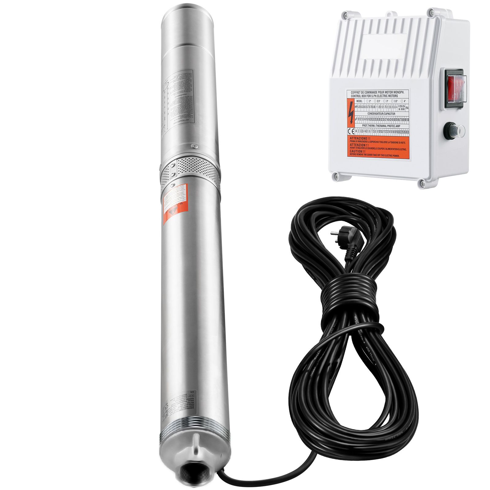 Tiefbrunnen-tauchpumpe, 1500 W, 230 V, 60 Hz, Fördermenge 9,8 M³/h, Förderhöhe 108 M, Kabellänge 19,4 M, Externer Schaltkasten, Edelstahl, Schutzart Ip68, Für Industrie, Bewässerung Und Haushalt.
