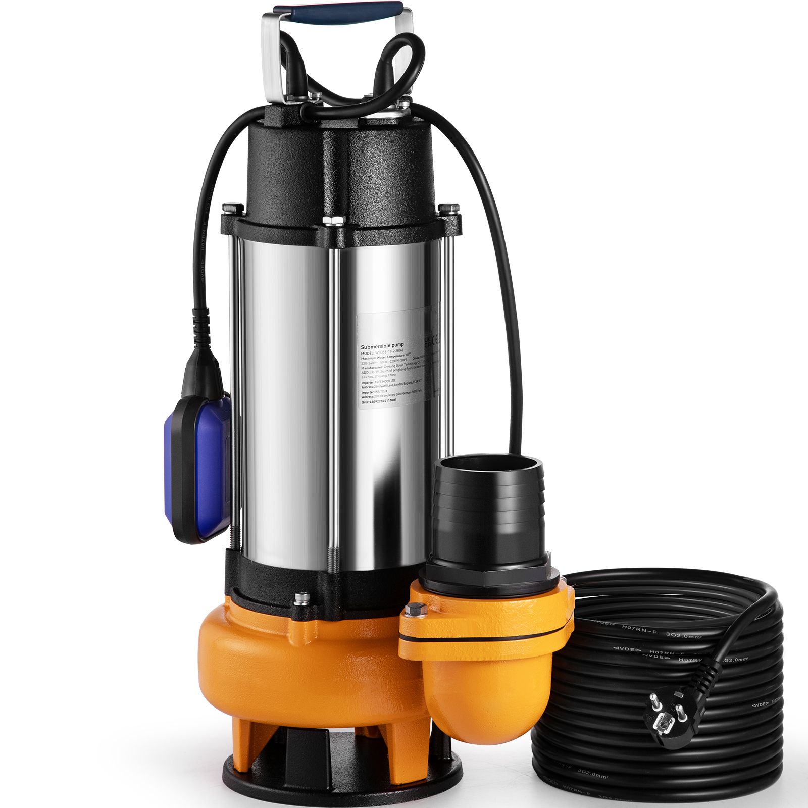 2200w 60000l/h Tauchwasserpumpe Mit Automatischem Schwimmer Und 8m Kabel, Aus Edelstahl, Für Sauberes Oder Schmutziges Wasser, Zum Entleeren Und Ablassen Von Wasser Aus Becken.