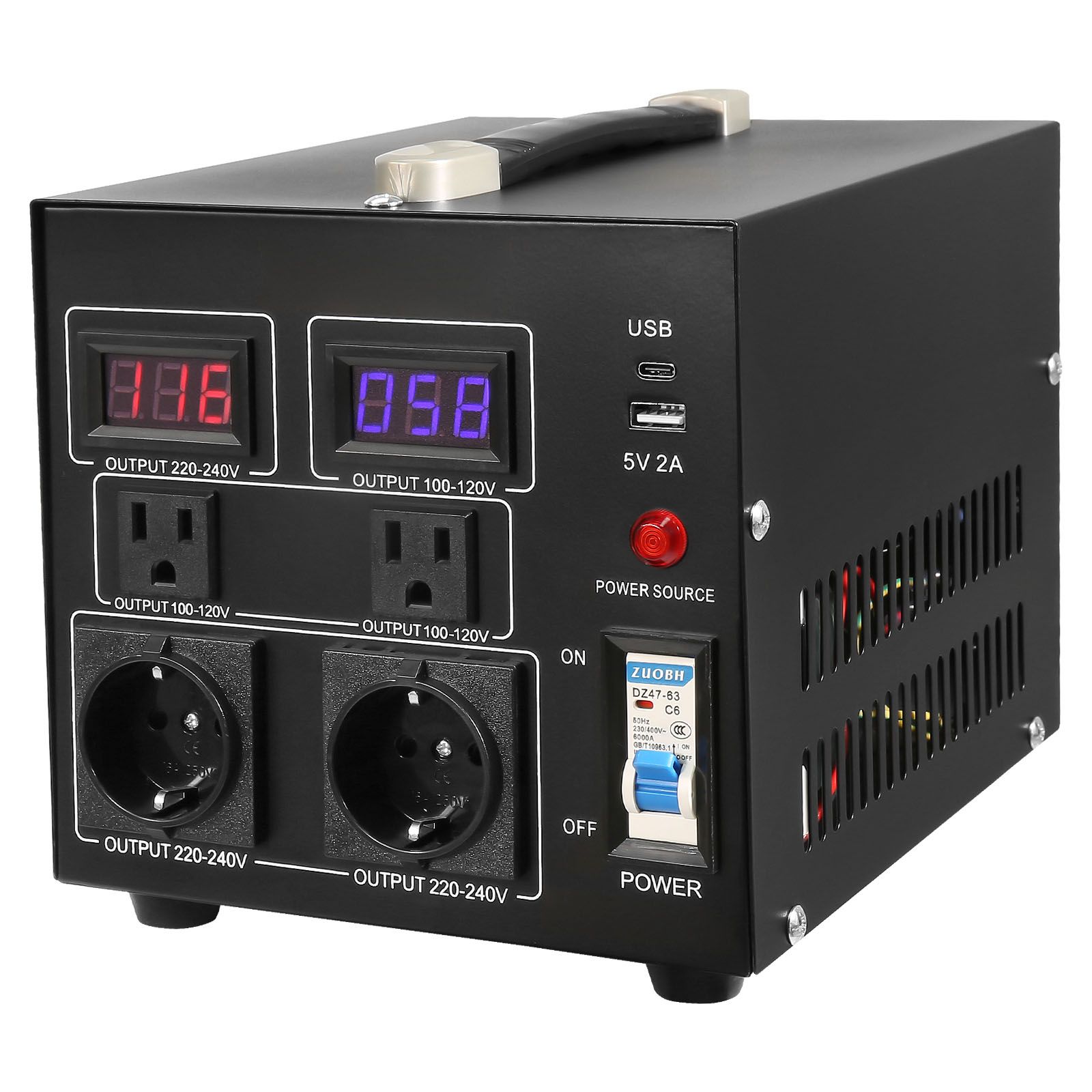 2000va Spannungswandler, 110v-220v Auf-/abwärtstransformator, Us/eu Steckdosen Und 5v Usb-anschluss, Ce-zertifiziert.
