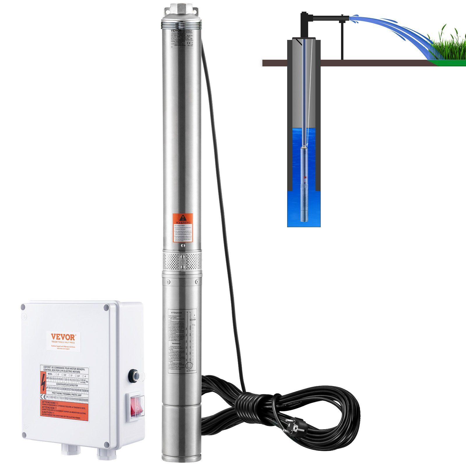 Tauchpumpe Für Tiefbrunnen, 2200 W, 230 V, Fördermenge 9,8 M³/h, Förderhöhe 144 M, Mit 19,4 M Kabel Und Externem Schaltkasten, Edelstahl, Für Industrie Und Haushalt, Wasserdicht Nach Ip68.