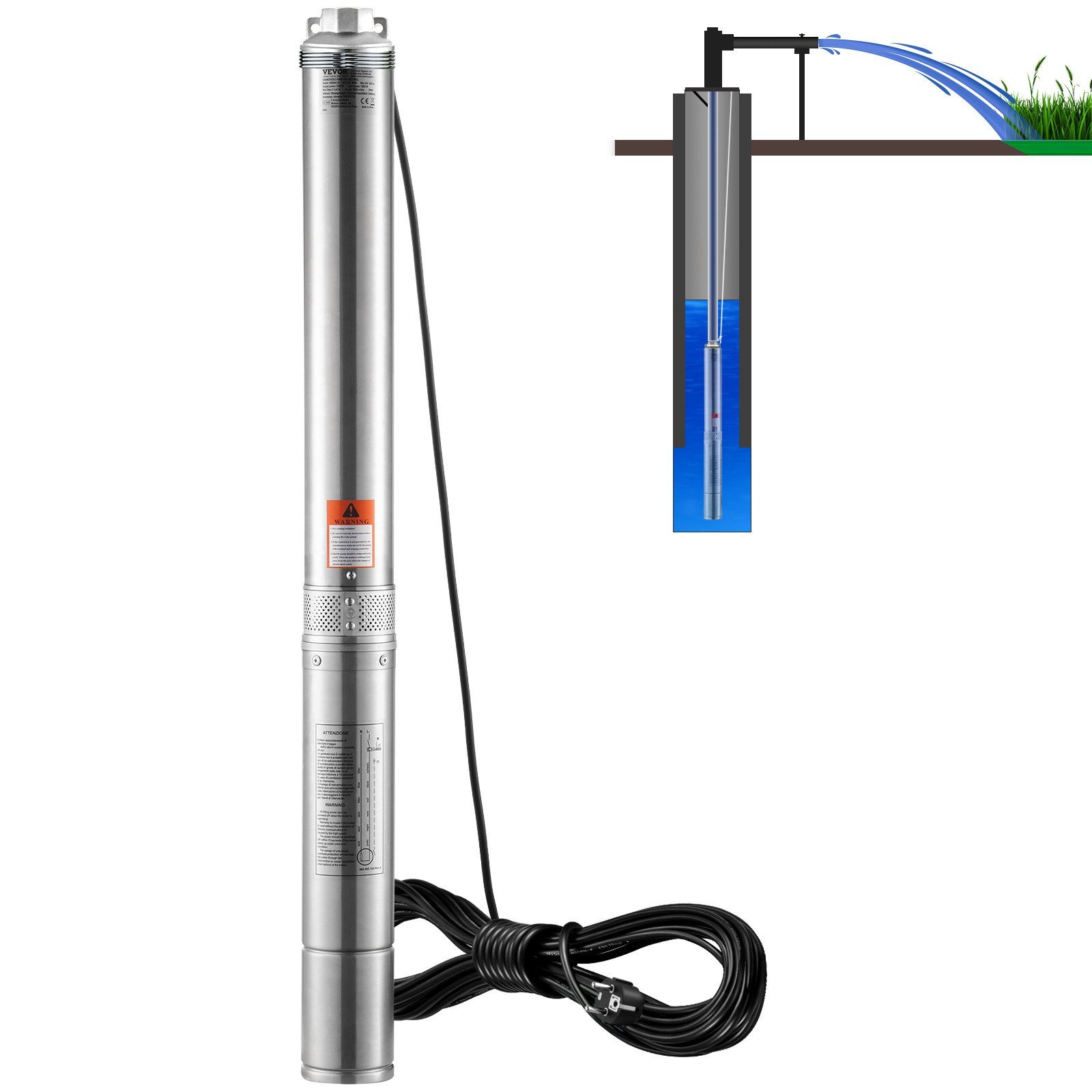 Ps 2200 W 230 V/50 Hz Tiefbrunnen-tauchpumpe, Fördermenge 9,8 M³/h, Förderhöhe 144 M, 9,1 M Kabel, Edelstahl, Für Industrie, Bewässerung Und Haushalt, Schutzart Ip68 (wasserdicht).