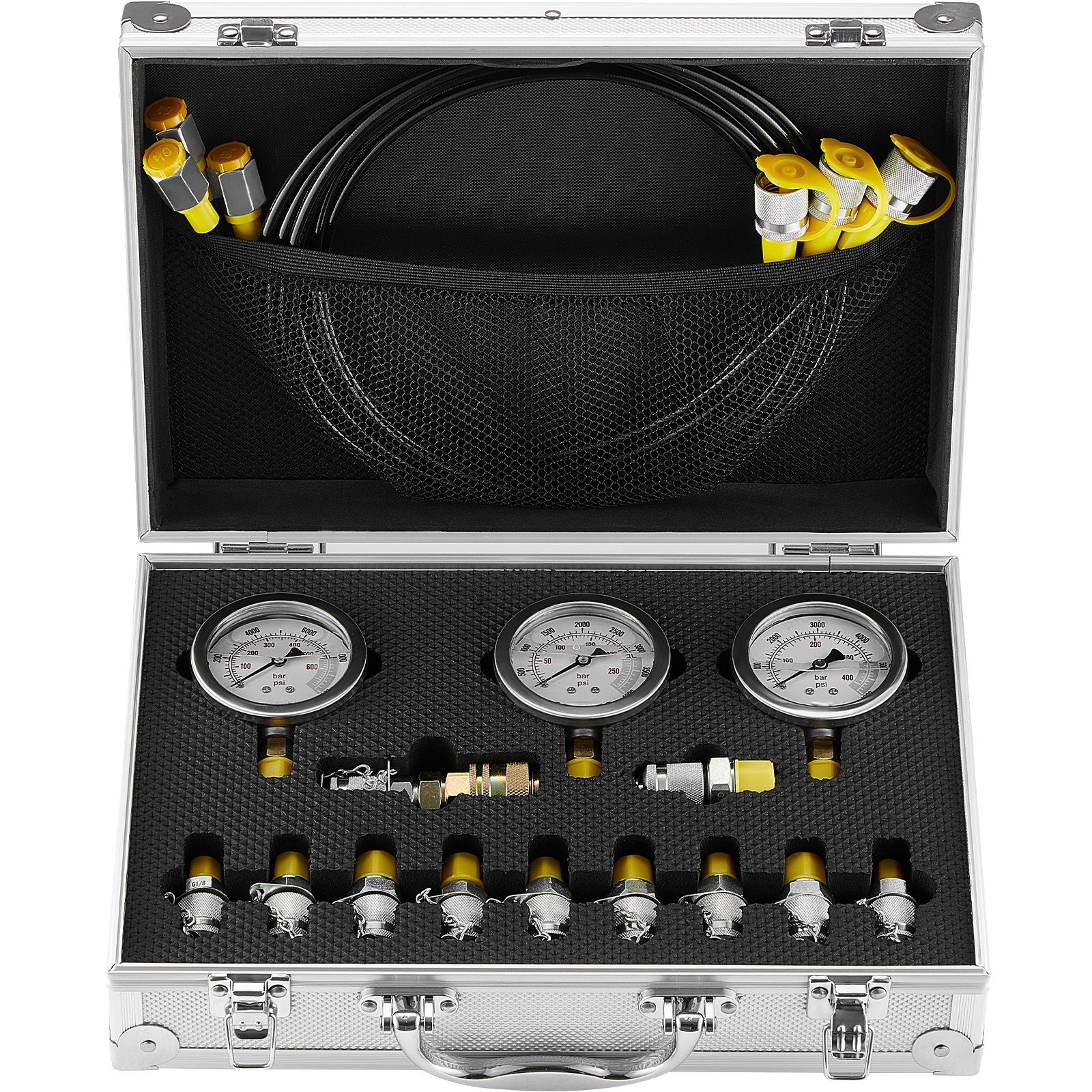 Hydraulikdruckprüfset, 250/400/600 Bar, 3 Manometer, 11 Anschlüsse, 3 Schläuche, Mit Tragekoffer Für Bagger Und Baumaschinen