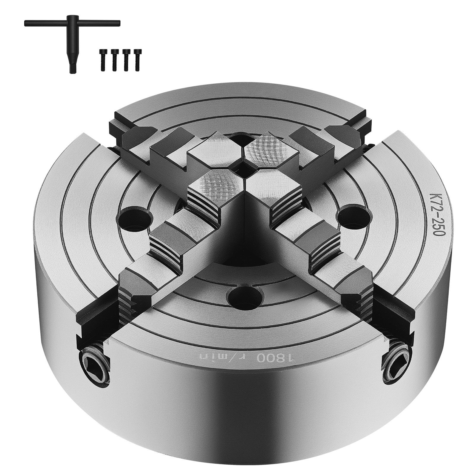 4-backen-drehfutter, 250 Mm (10 Zoll), Spannbereich 15-250 Mm, Reversible Backen Mit T-keil, Ht300-gusseisen, Für Holz- Und Metalldrehmaschinen.