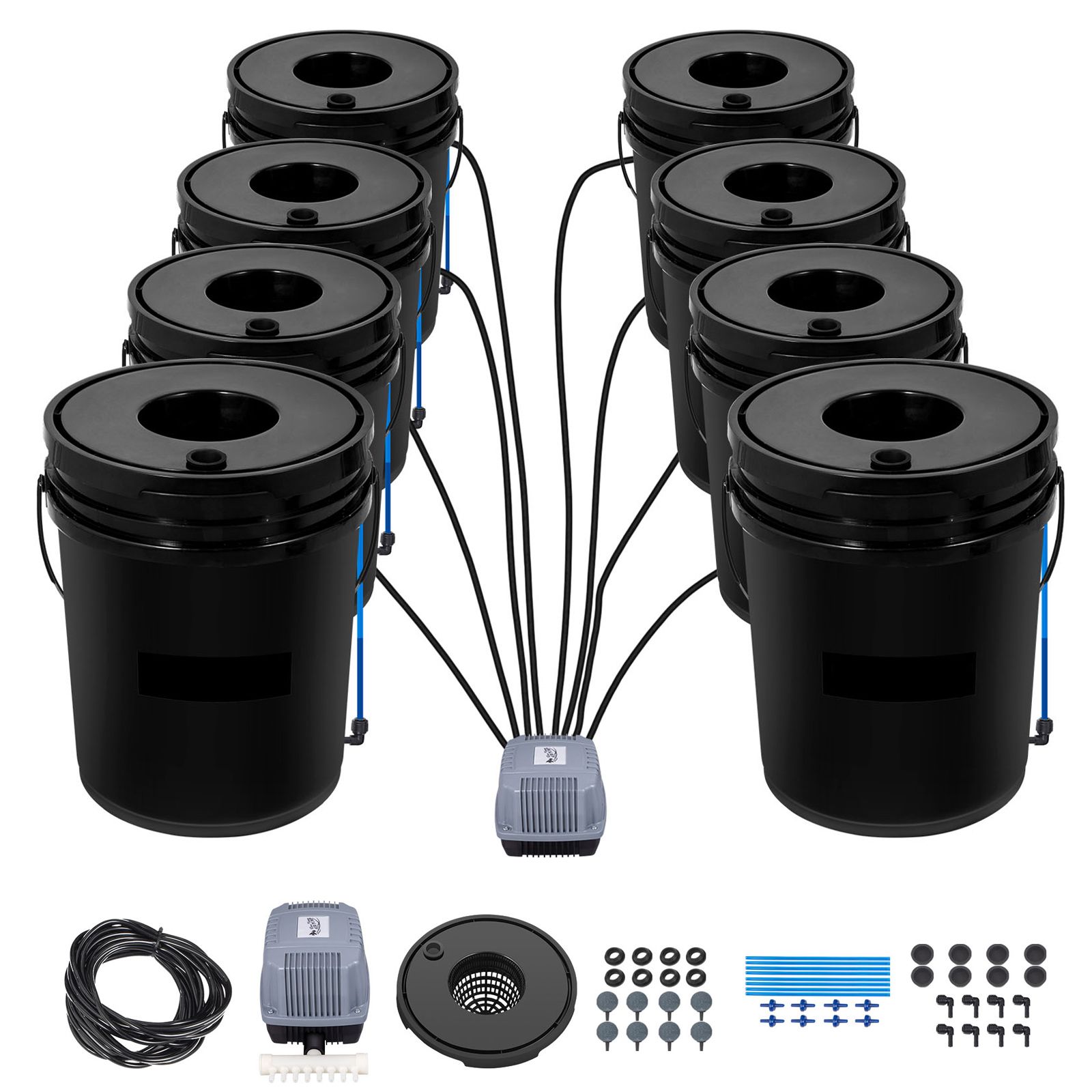 Dwc 8 Fünf-gallonen-eimer-hydroponiksystem Mit Luftpumpe, Ausströmersteinen Und Wasserstandsanzeige Für Blattgemüse.