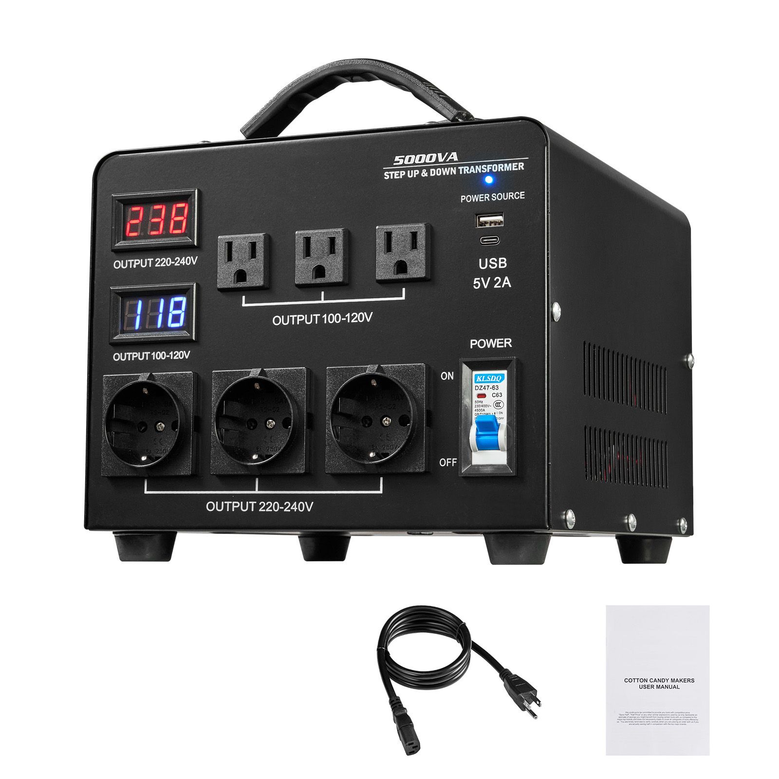 5000va Spannungswandler, 110v/220v Transformator Mit 3 Us-steckdosen Und 3 Eu-steckdosen, Lcd-bildschirm Und Schutzschalter.