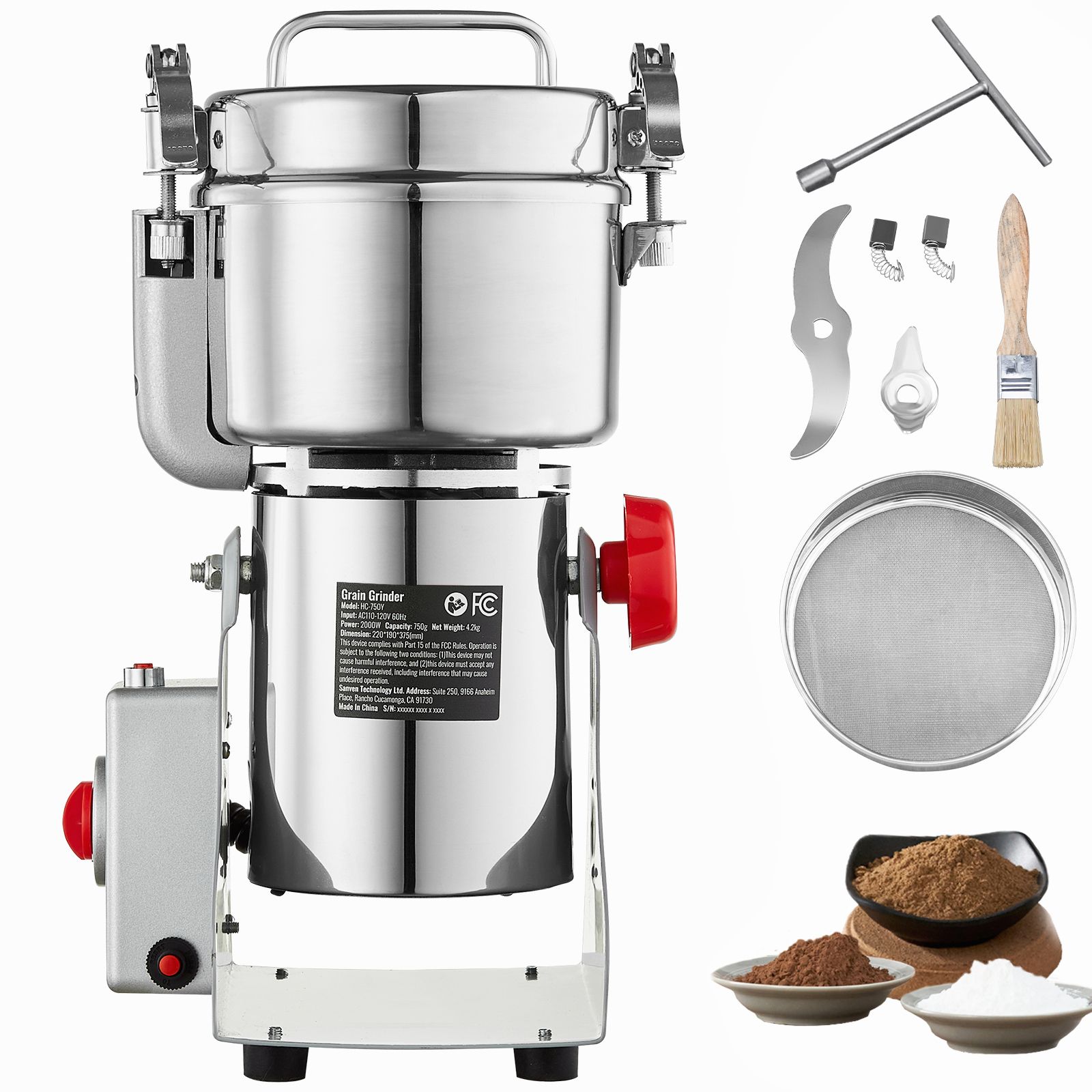 Elektrische Getreidemühle 750 G, 2000 W, Gewürzmühle Aus Edelstahl, Pulverisierer Für Getreide, Kaffee, Mais, Pfeffer, Schwenkmühle