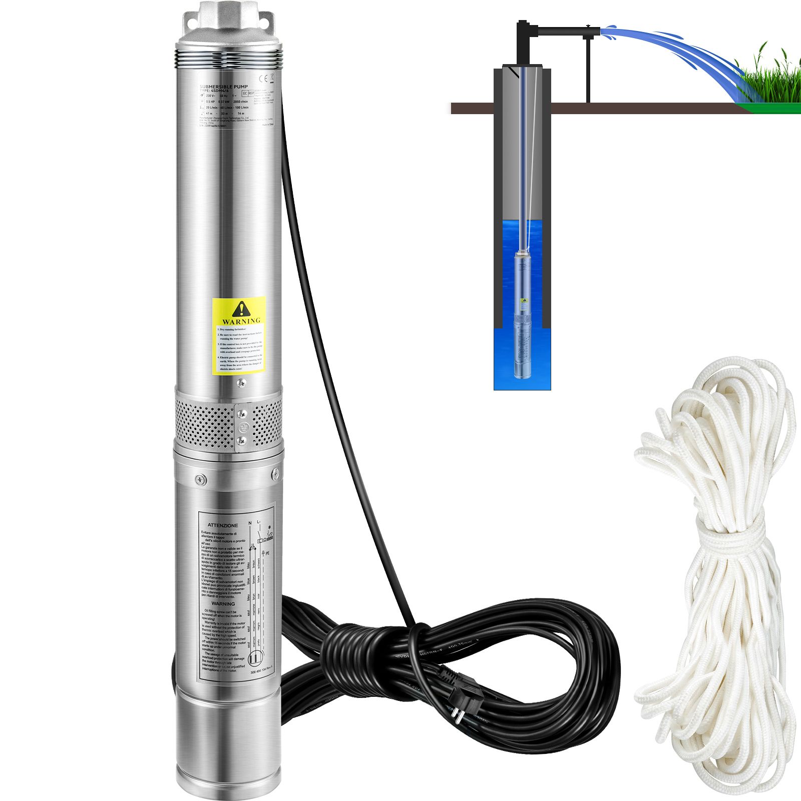 Tiefbrunnen-tauchpumpe, 750 W, 230 V/50 Hz, 100 L/min, 66 M Förderhöhe, Sandbeständig ( 5 %), 20 M Kabel, 7,6 Cm Edelstahl, Schutzart Ip68, Für Industrie, Bewässerung Und Haushalt