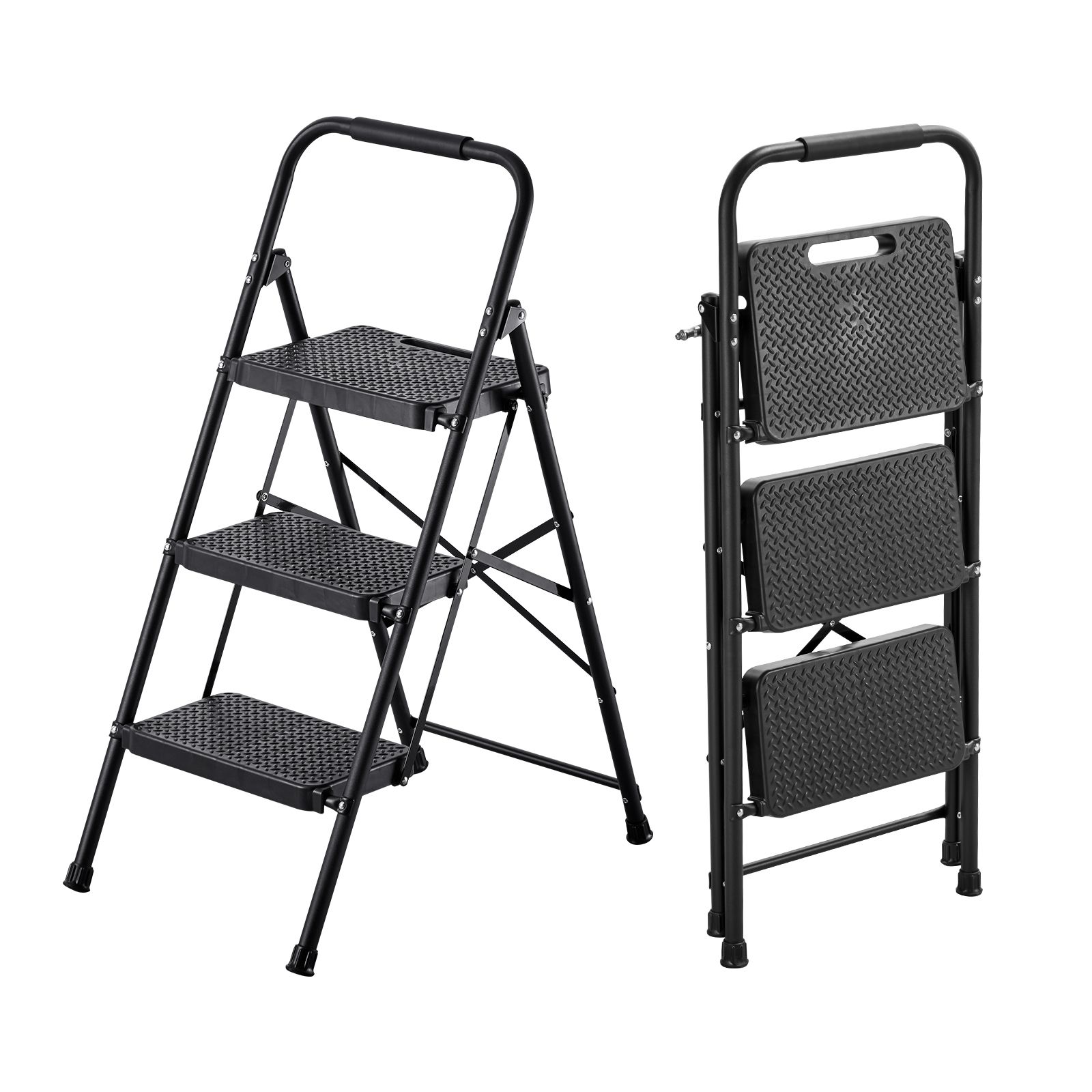 Dreistufiger Tritthocker, Klappbare Trittleiter Mit Breitem, Rutschfestem Pedal Und Komfortablem Griff, Aus Leichtem Stahl, Tragkraft 272 Kg, Vielseitig Einsetzbar (küche, Haushalt, Büro), Schwarz.