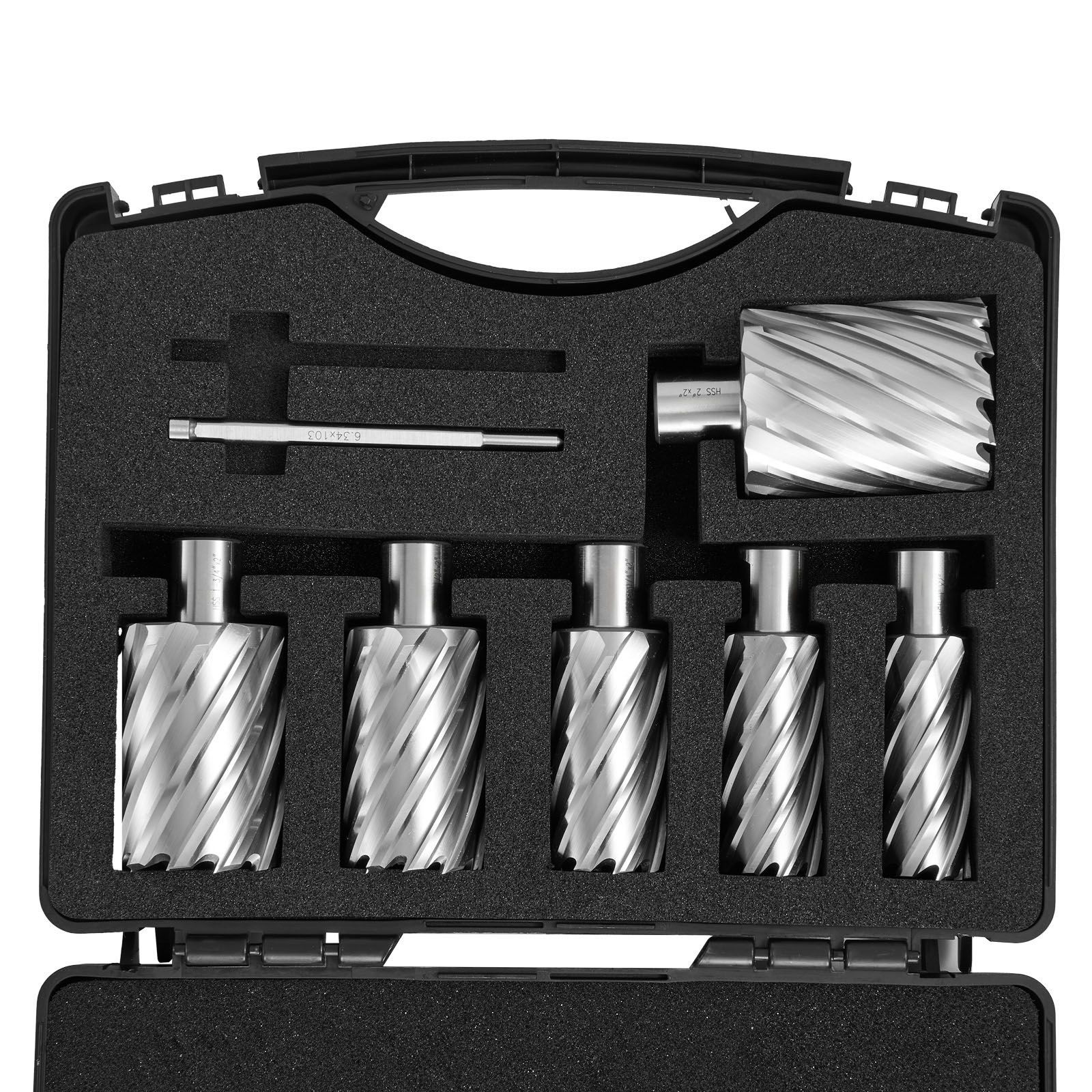 6-teiliger Ringfräsersatz, Weldon-schaft, 50 Mm Schnitttiefe, 25-50 Mm Durchmesser, Hss M2al Stahl, Mit 2 Führungsstiften Und Koffer, Für Magnetbohrmaschinen.