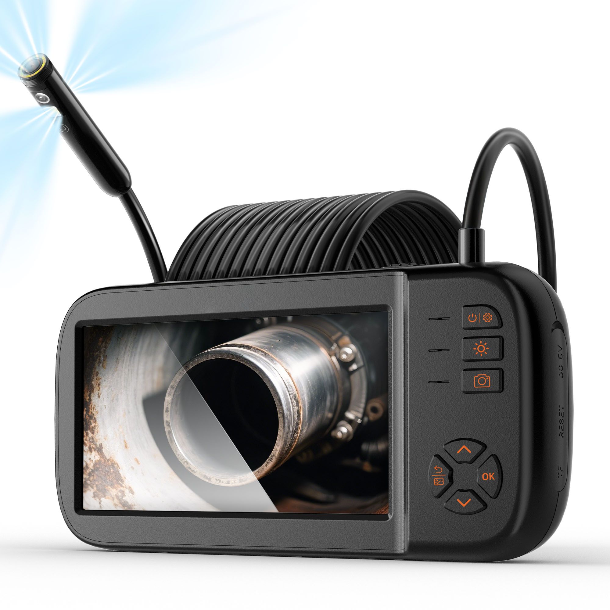 Endoskopkamera Mit Dreifachlinse, 11,4 Cm Ips-bildschirm, 1080p-auflösung, Halbstarres Kabel, 8 Leds, 2860-mah-akku, Wasserdicht Für Auto, Wand Und Rohr
